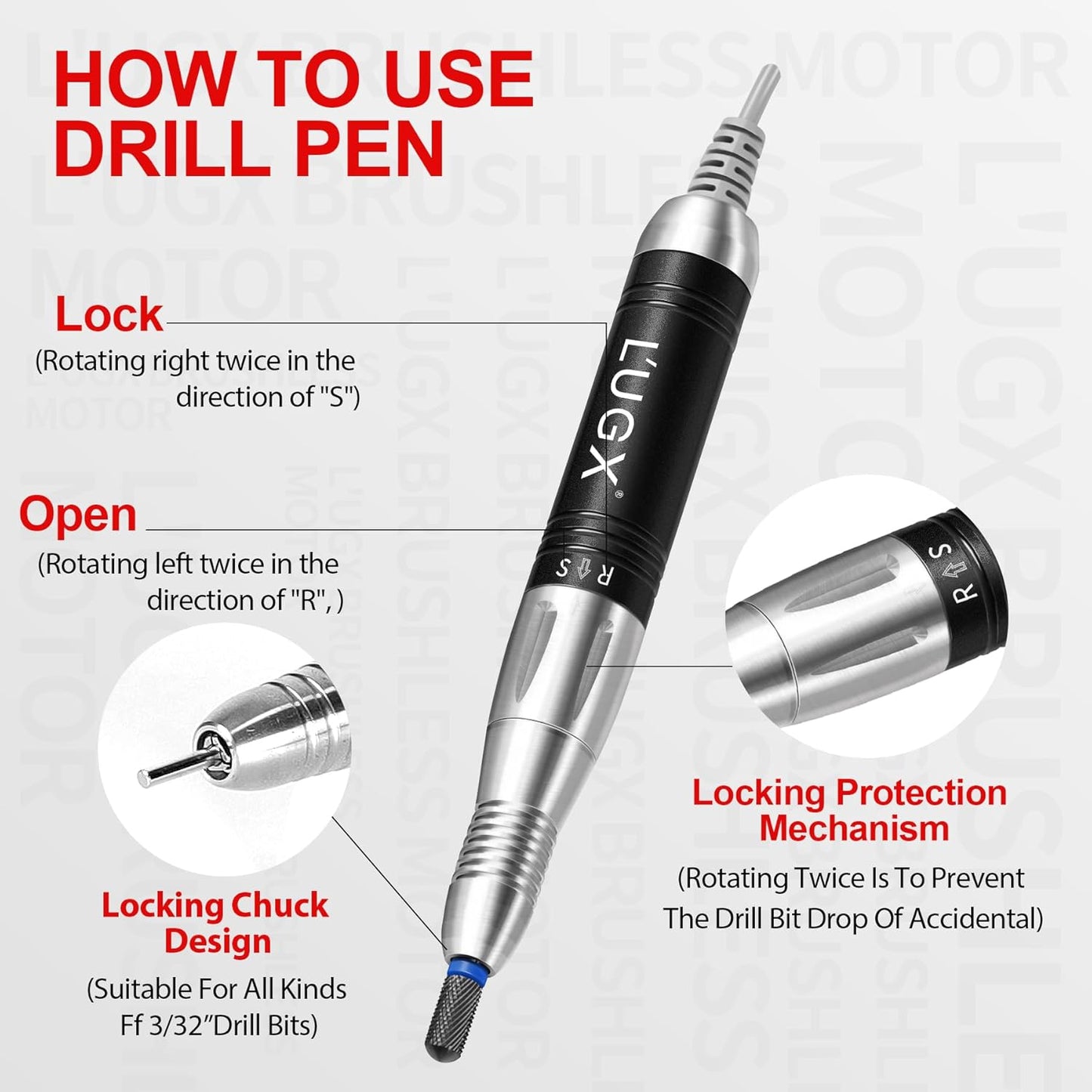 Professional Nail Drill Machine, L'UGX Electric Nail File 30000 RPM Nails Drill for Acrylic Nails with 8 Nail Drill Bits