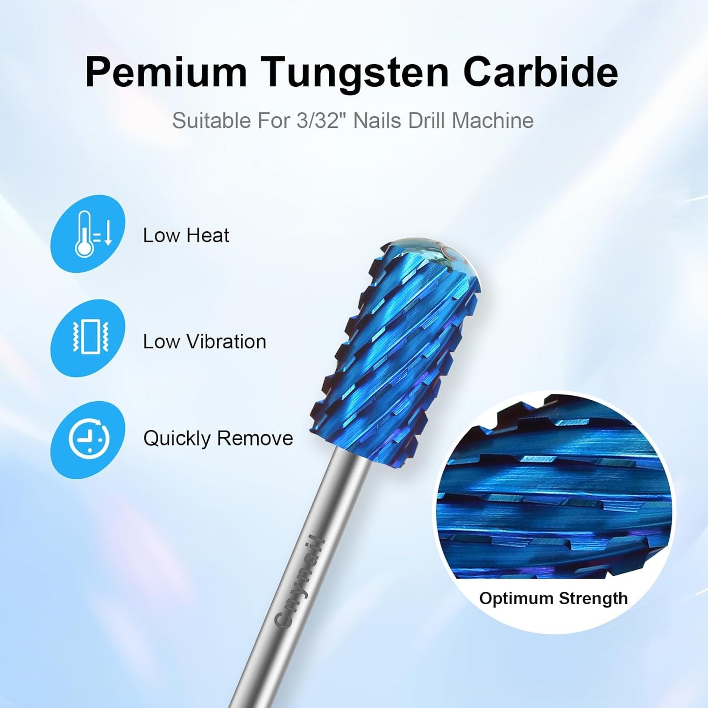 3/32" Large Barrel Smooth Round Top Tungsten Carbide Nail Drill Bit Safety Bit for Gel & Acrylic Removal, 2-Way Rotating Efile Tip, Salon Electric File Accessory (3XC Grit, Blue)