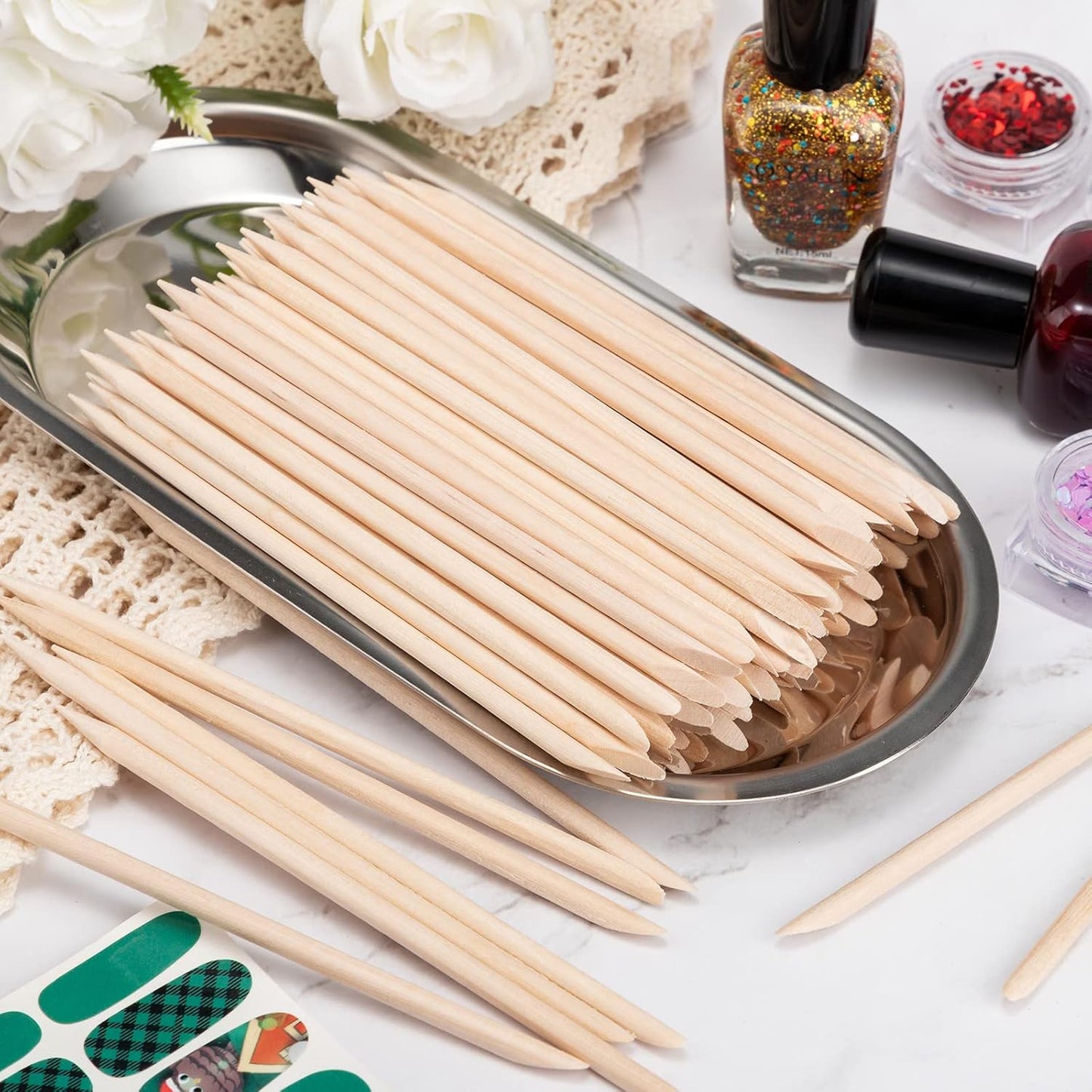 Noverlife 500PCS Orange Wood Nail Sticks, Double Sided Cuticle Pusher Remover, Disposable Cuticle Sticks for Manicures & Pedicures, Wooden Nail Art Cuticle Pusher Remover Set for Home & Salon Manicure
