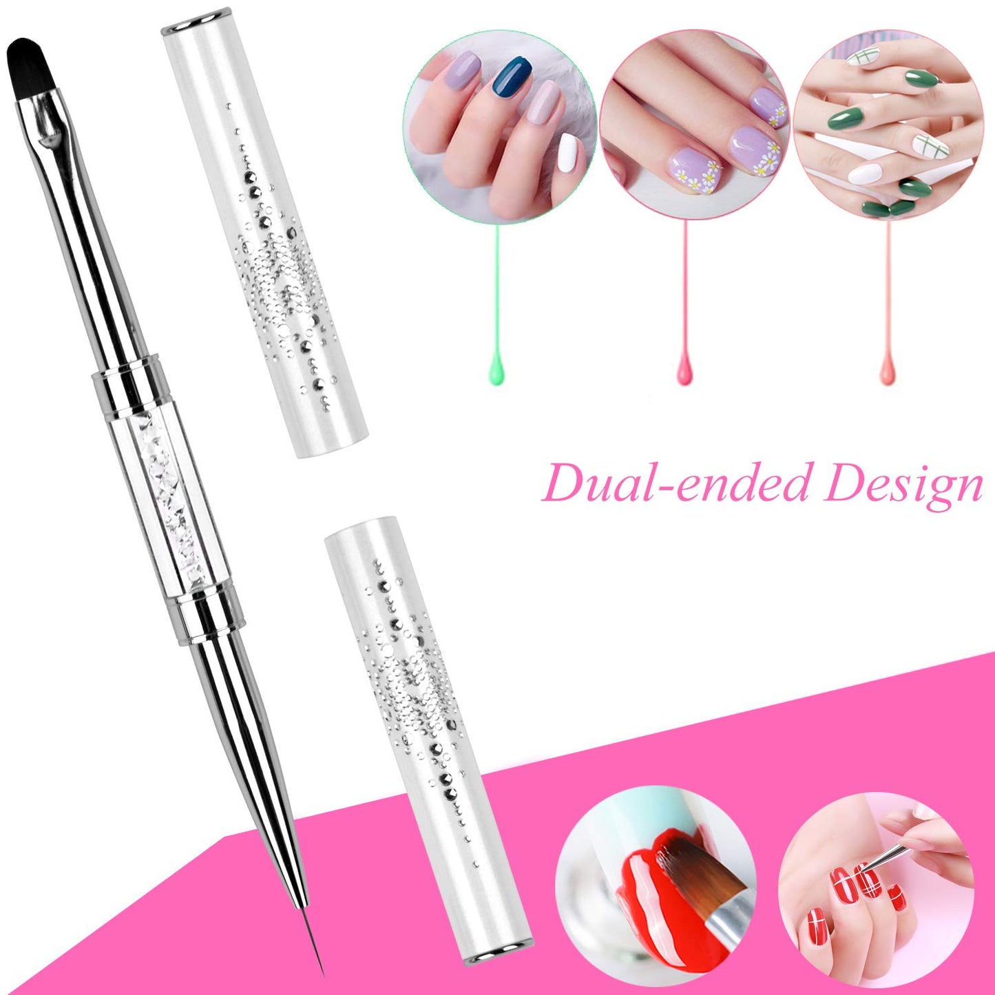 1Pcs Dual-ended Nail Design Brush Rhinestone Handle UV Gel Nail Brush Professional Nail Art Tools