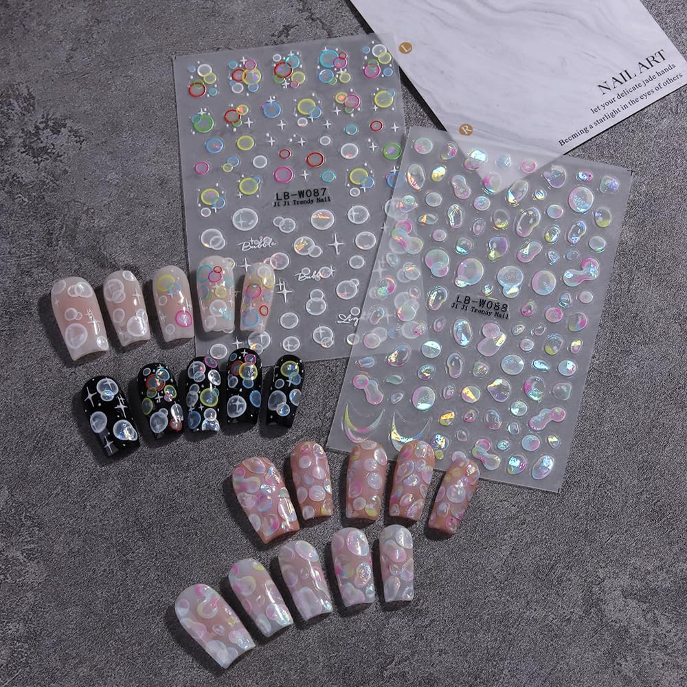 Water Bubble Nail Art Stickers Summer 3D Embossed Bubble Nail Decals 3PCS Colored Shiny Cute Dreamy Bubbles French Tip Design Summer Nails Adhesive Stickers Accessories for Women DIY Nail Decorations
