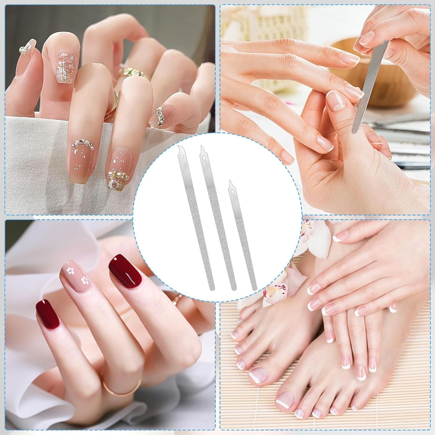 3PCS Diamond Dust Nail File, Fingernail Files with Pointed Tip, Fingernail Files with Pointed Tip/Nail Dresser for Manicure, Double Side Fingernail Toenail Files, Stainless Steel Nail Filer (2 Size)