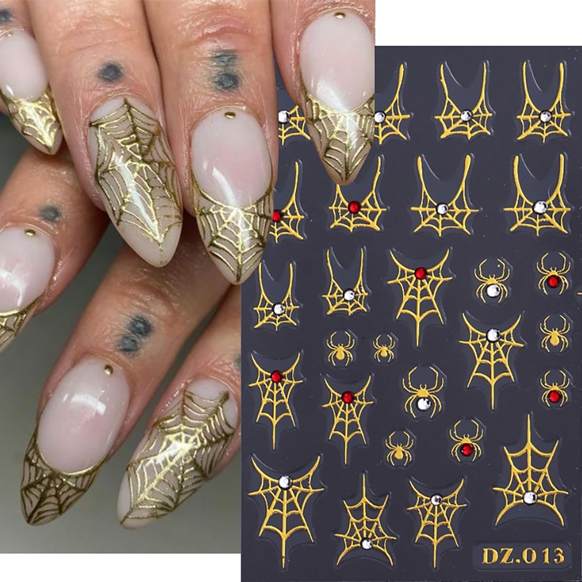 6 Sheets Halloween Nail Art Stickers Decals 3D Self-Adhesive Spider Nail Decals with Rhinestones Designs White Gold Rainbow Bow Spider Web Nails Decorations Holiday Nails Art Supplies for Women Girls