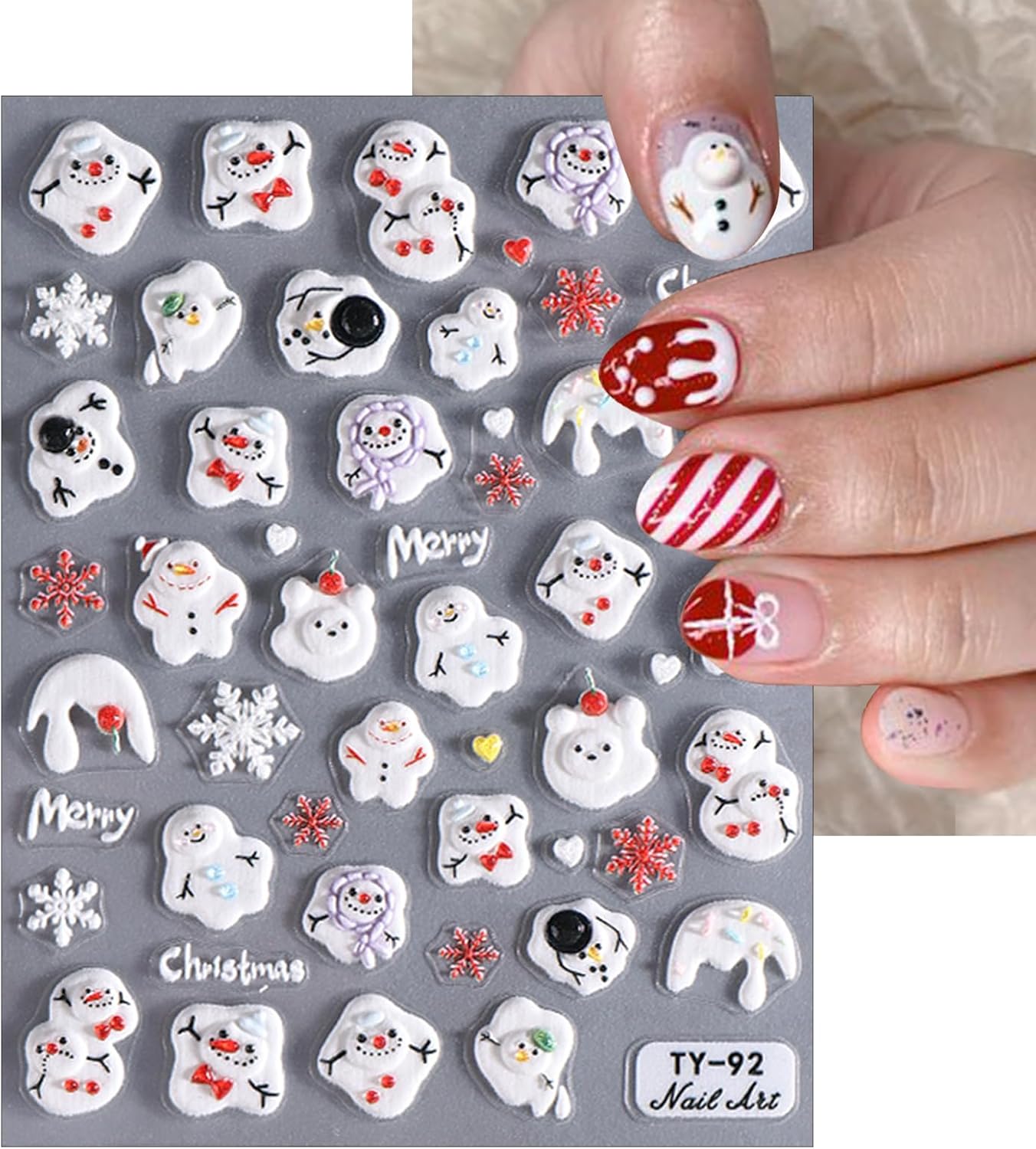 Christmas Nail Art Stickers 5D Embossed Nail Decals Xmas Snowman Winter Red and White Snowflake Design Nail Stickers Decoration for Women Girls 1 Sheet