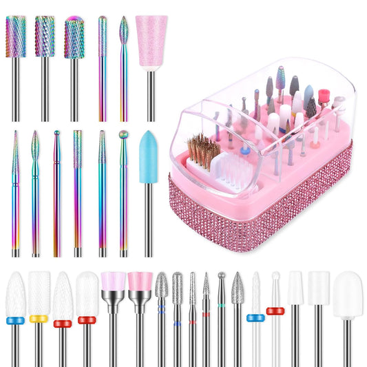 30PCS Nail Drill Bits Set with Holder Case, 3/32 Inch Tungsten Carbide Ceramic Diamond Efile Cuticle Nail Bits Tool, Safety Bits for Acrylic Gel Removal Polish Nail Tech Manicure Pedicure, Home Salon