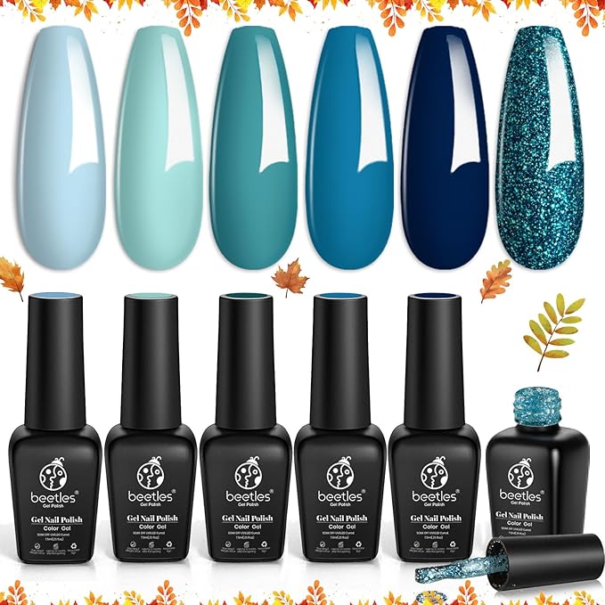 Beetles Blue Navy Gel Polish, Dark Blue Glitter Mint Green Navy Teal Jewel Tones Sparkle Gel Nail Kit Fall Nails Design Soak Off UV DIY Manicure Gift for Girls Women