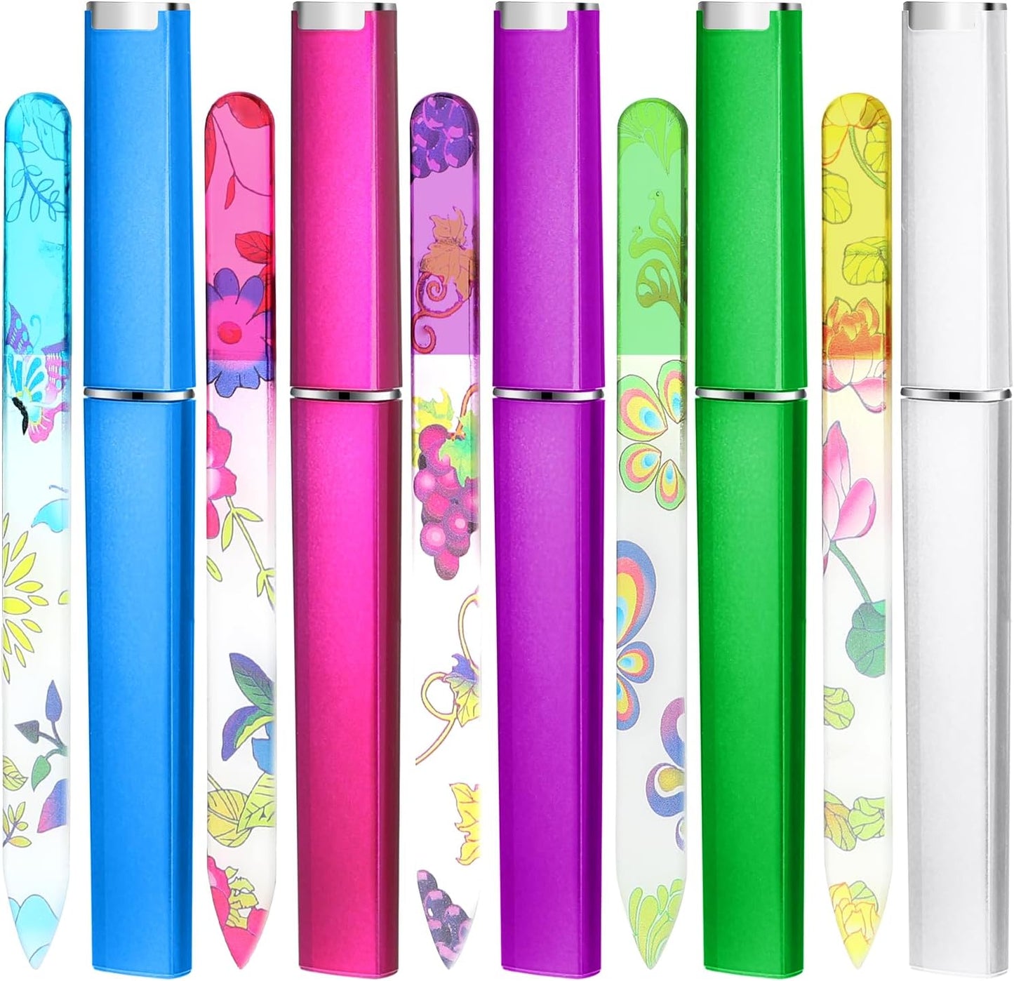 5 Pack Glass Nail File with Case Crystal Nail File Buffers Mixed Color Double Sided Glass Fingernail Files Cuticle Pusher Manicure Set for Women