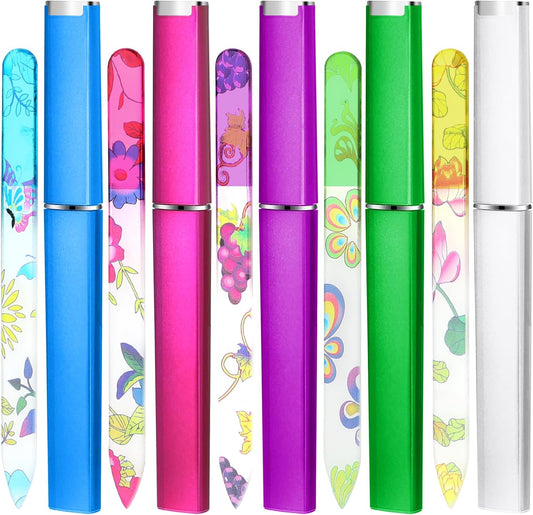 5 Pack Glass Nail File with Case Crystal Nail File Buffers Mixed Color Double Sided Glass Fingernail Files Cuticle Pusher Manicure Set for Women