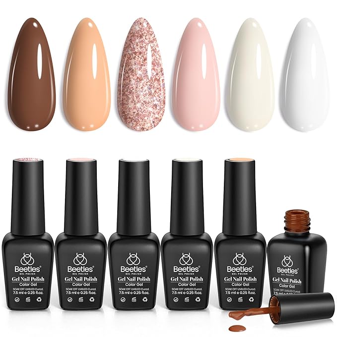 Beetles Fall Gel Nail Polish Set, 6 Colors Nude Brown Pink Milky White Glitter Gel Polish Set Soak Off Uv Led Lamp Manicure Gifts for Women