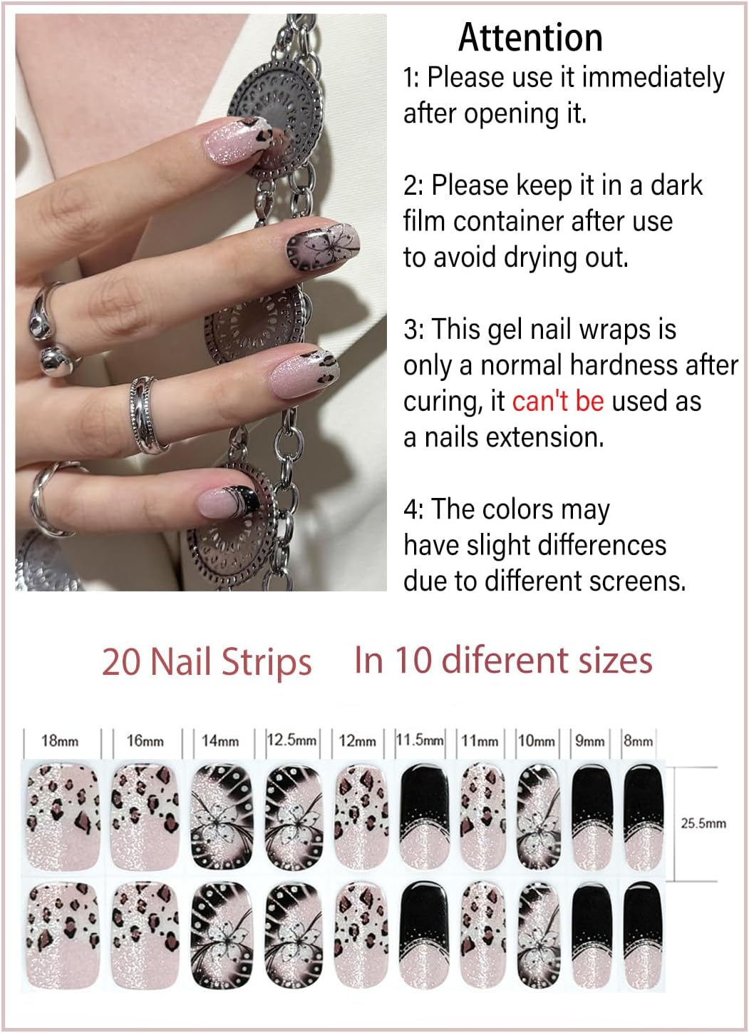 Semi Cured Gel Nail Strips, French Leopard, Cat Eye 20pcs Adhesive UV Sticker, Wraps for Home Manicure DIY