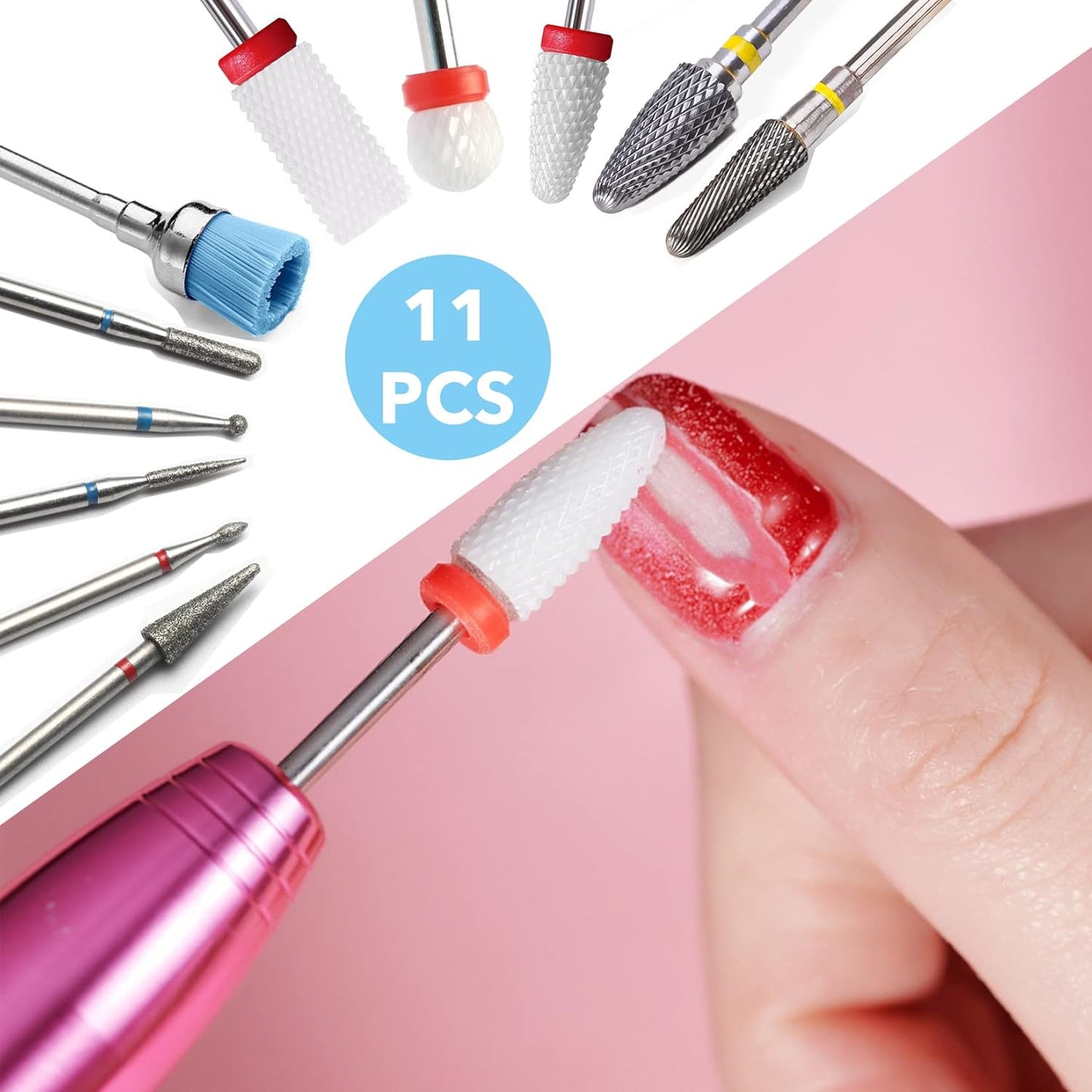 11 Pcs Ceramic Nail Drill Bits, 3/32 Inch Tungsten Alloy Professional Nail Drill Bits, Safety Diamond Bits, for Removing Gel Acrylic Cuticle Nail Drill for Manicure Pedicure