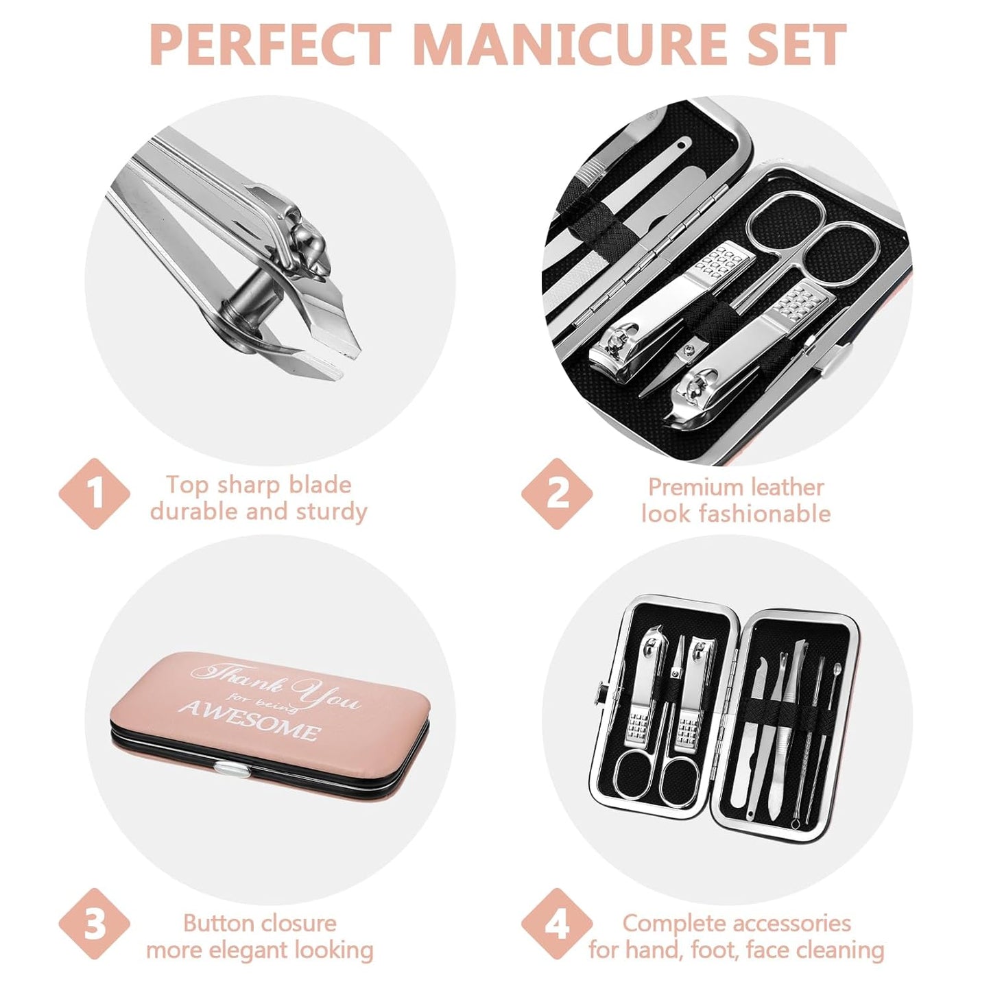 Therwen 24 Sets Manicure Set Nail Clippers 8 in 1 Stainless Steel Grooming Nail Kit Thank You Appreciation Gift Professional Pedicure Tool for Men Women Personal Care(Pink)