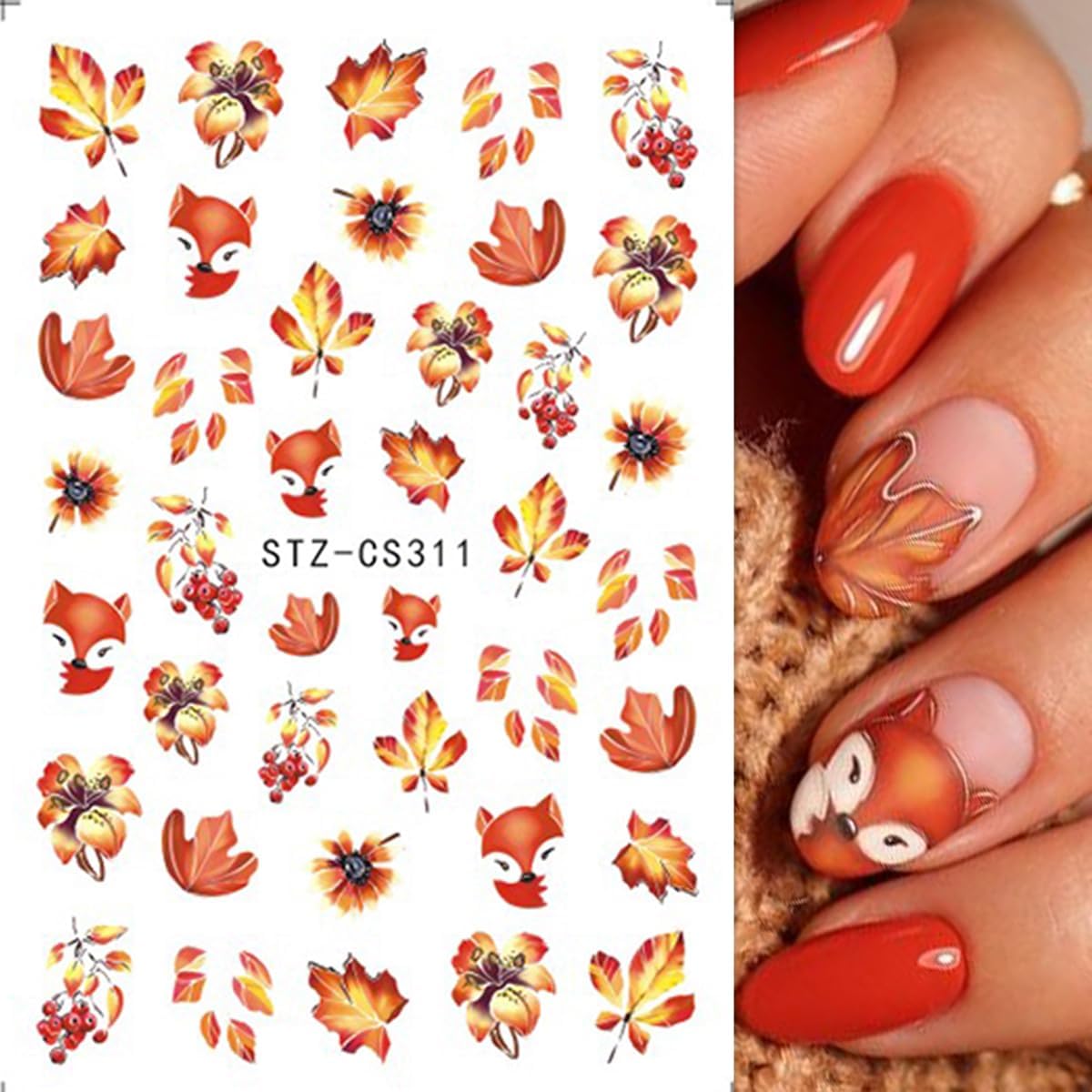 Fall Nail Art Stickers Autumn Maple Leaf Nail Decals 6PCS Maple Leaves Foxes Pumpkin Nails Design 3D Self-Adhesive Thanksgiving Day Nail Art Decorations Supplies Fall Stickers for Nails Manicure Decor