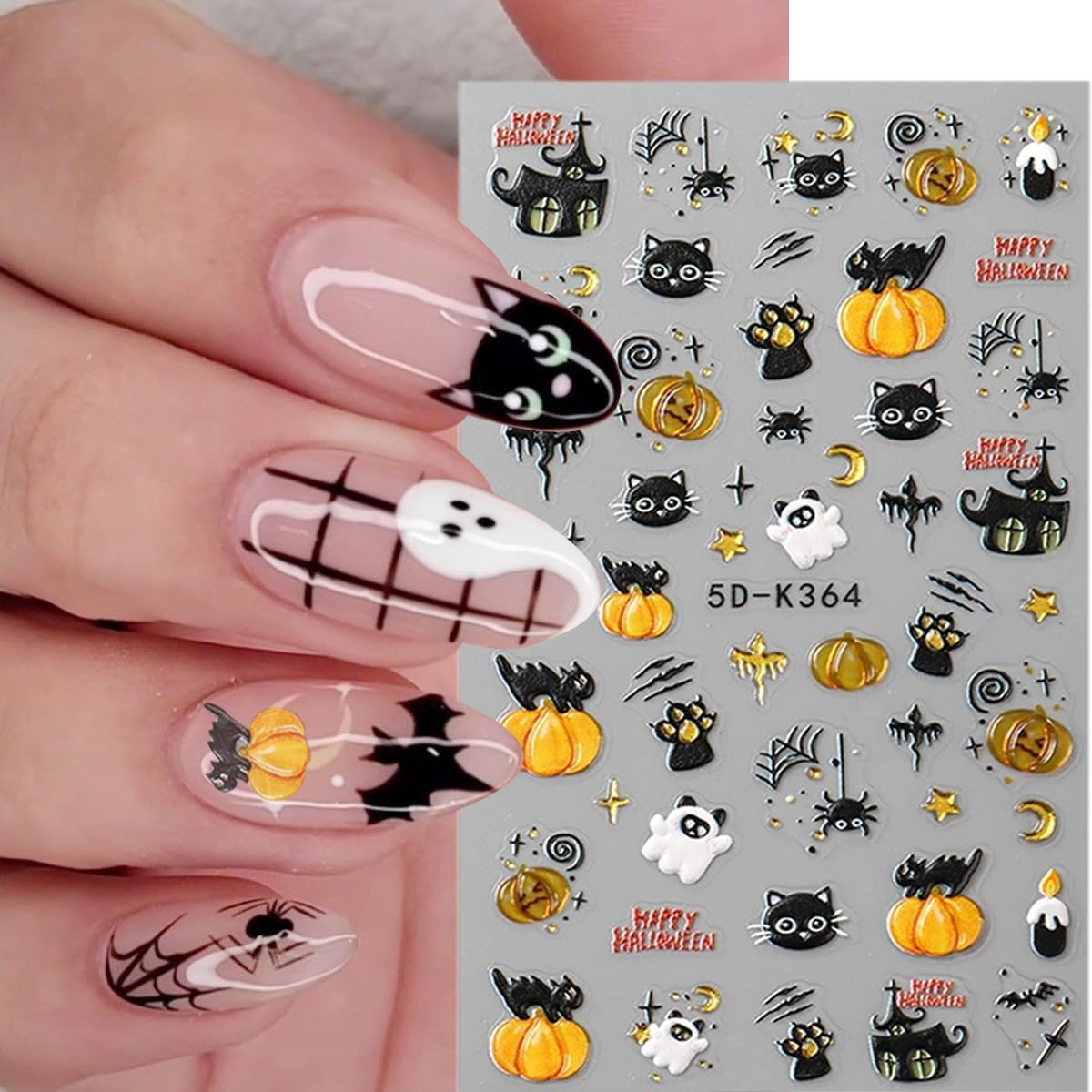 3 Sheets Goth Nail Stickers 5D Embossed Halloween Ghost Nail Art Stickers Cute Cat Pumpkin with Spider Bat Design Sticker Gold Spider Web Nail Decals Nail Art Supplies for Women Acrylic Nail DIY