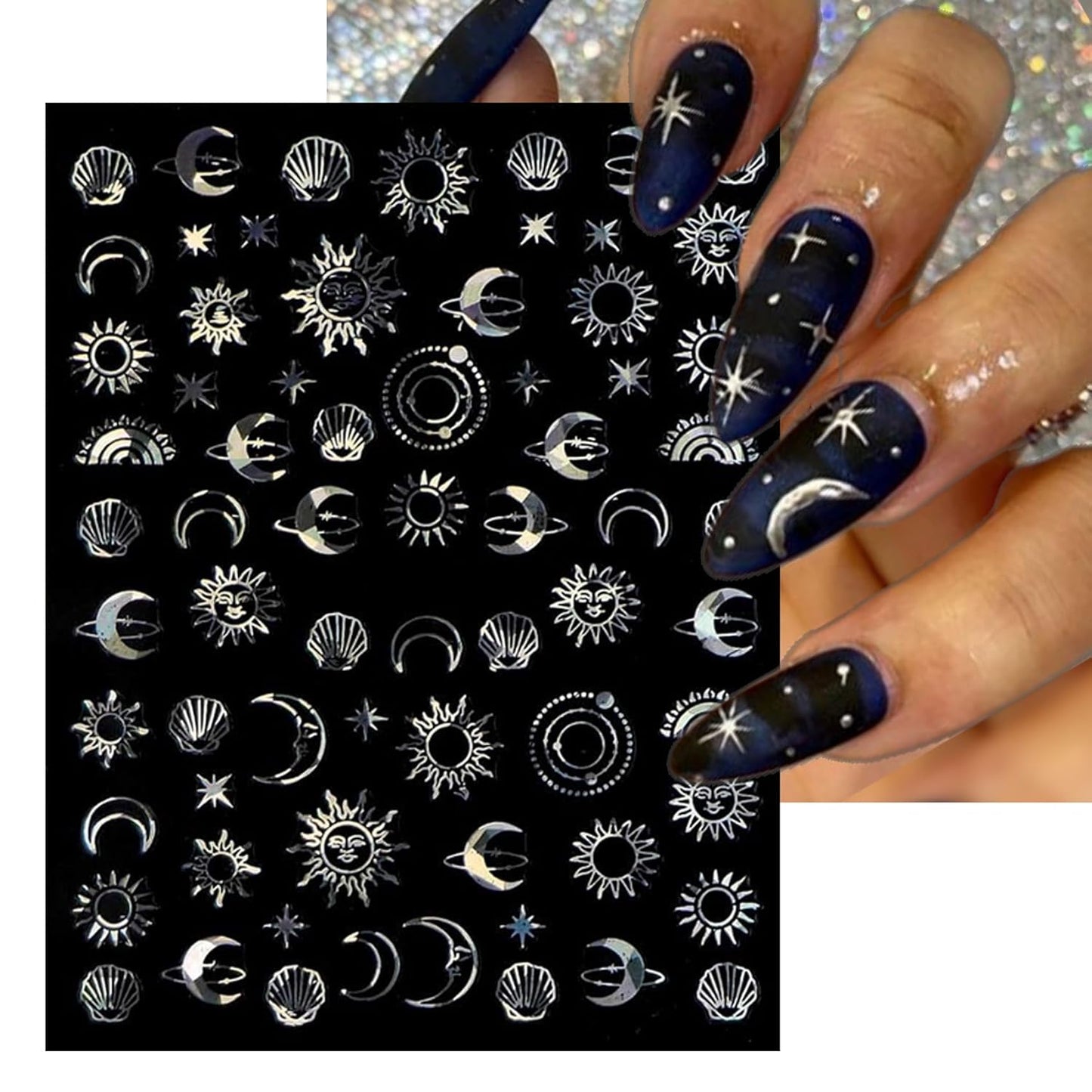 Gold Sun Nail Art Stickers - Sliver Moon Star Self-Adhesive 3D Nail Decals for DIY Golden Slivery Manicure (6 Sheets)
