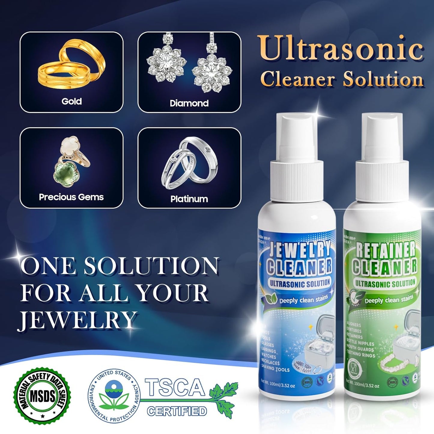 Ultrasonic Jewelry Cleaner Set with Basket/Holder - 45KHz 550ML w/Lights, 3 Powers 5 Timers & Degas Mode, 7oz Ultrasonic Cleaner Solution for Retainer, Rings, Eyeglasses, Dentures, Watches, Coins