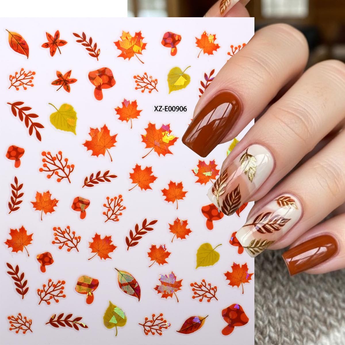 12Sheets Autumn Maple Leaves Nail Stickers 3D Self-Adhesive Fall Nail Art Stickers Gold Yellow Pumpkins Ginkgo Leaf Nails Design Decal Thanksgiving Day Nail Art Decoration for Women DIY Nail Supplies