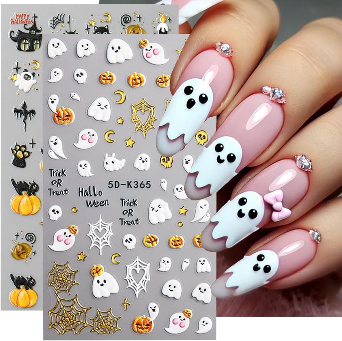 Halloween Nail Art Stickers Decals Cute Ghost Black Cat Nail Decals 2PCS 5D Embossed Gold Pumpkin Spider Web Castle Cat Paw Self-Adhesive Design Halloween Nail Stickers for Women Manicure Decorations