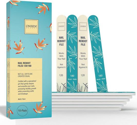 Onsen Secret Japanese Nail File - Professional 10-Pack Nail Files, Double Sided Natural & Acrylic Filers - 120/180 Grit - Disposable, Salon Smooth | Best Onsen File for Shiny Nails