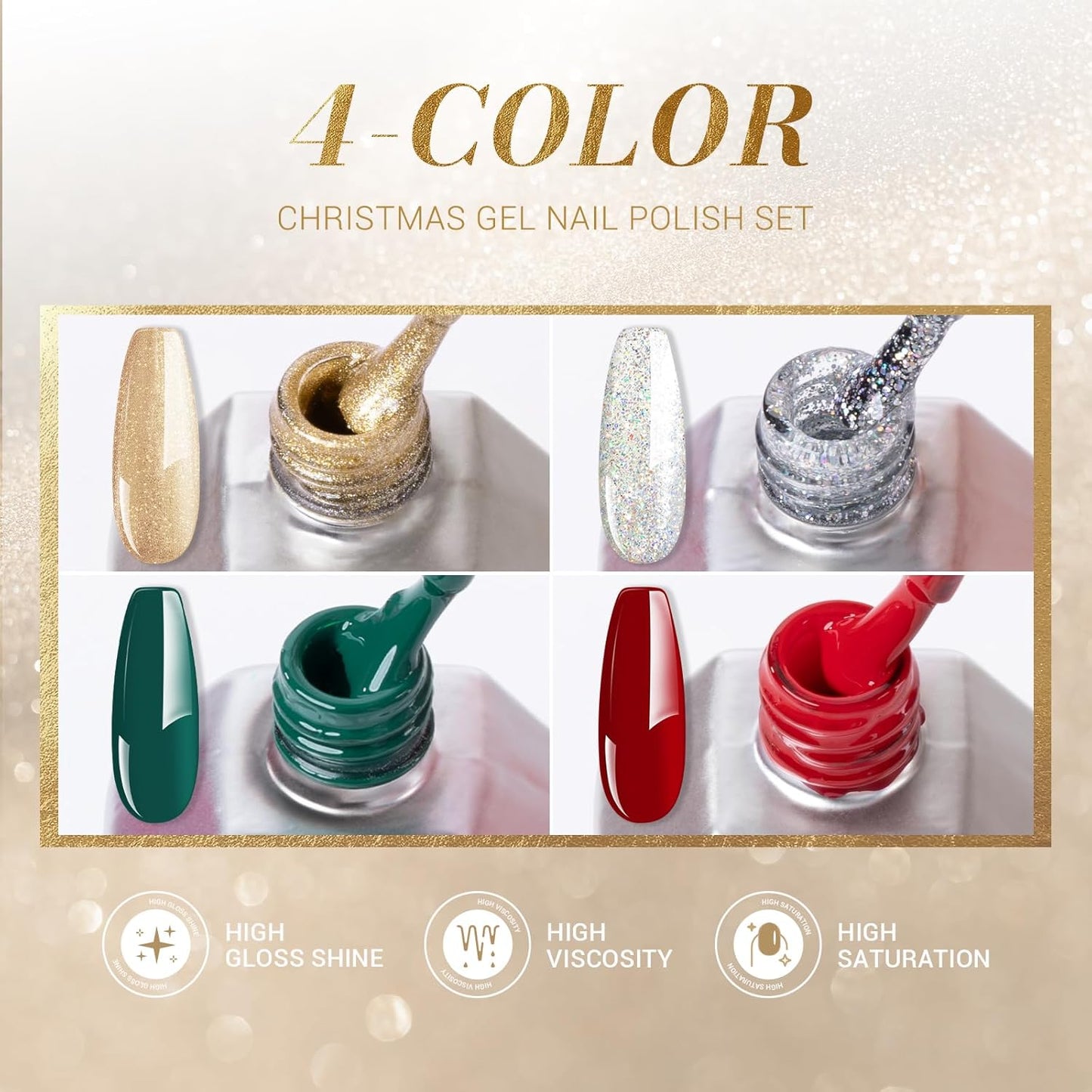 MelodySusie 15ML Christmas Gel Nail Polish Set: Christmas 4 Colors Green and Red Gel Polish Nails Soak Off UV LED Gold Silver Gel Polish Gifts for Women Girls Nail Art Manicure Salon DIY Nail Design