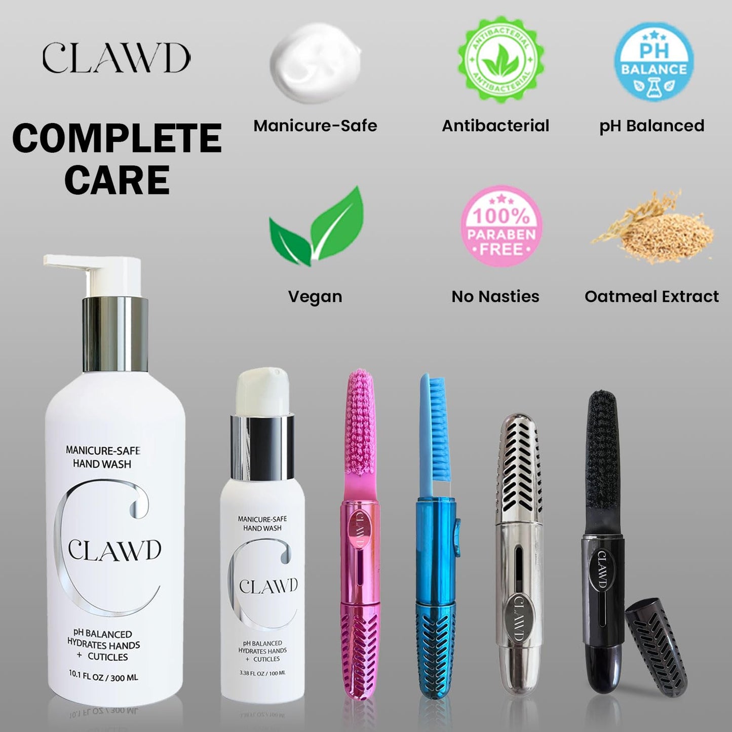 CLAWD Nail Care Kit for Girls and Women, Includes Nail Brush for Cleaning Fingernails, Fingernail Brush, Nail Scrubber Brush, Hand Wash 100ml & 300ml, Black, Blue, Silver, Pink Brushes | Set of 6