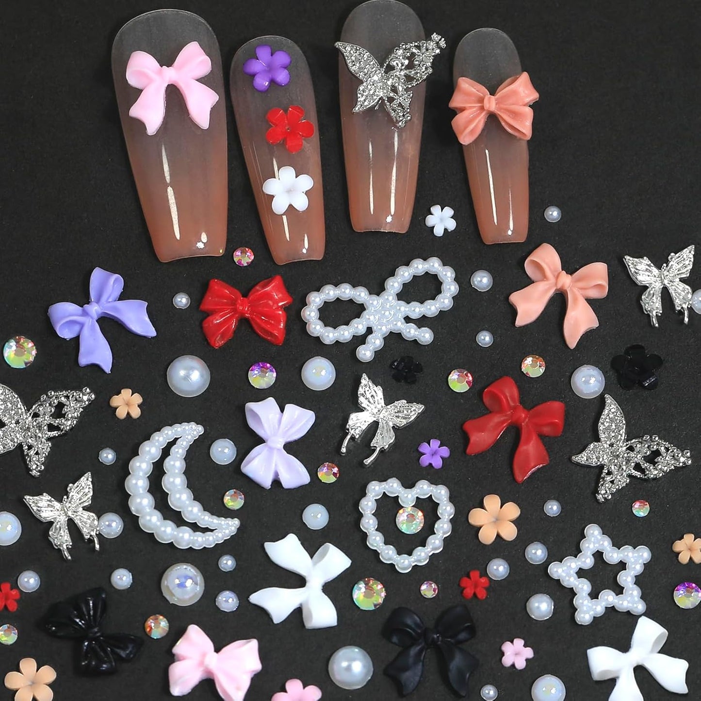 HNUIX Bow Nail Charms - 3D Multiple Colors, Butterfly, Flower, Pearls, Flat Back Rhinestones, with Kit, for Nail Art