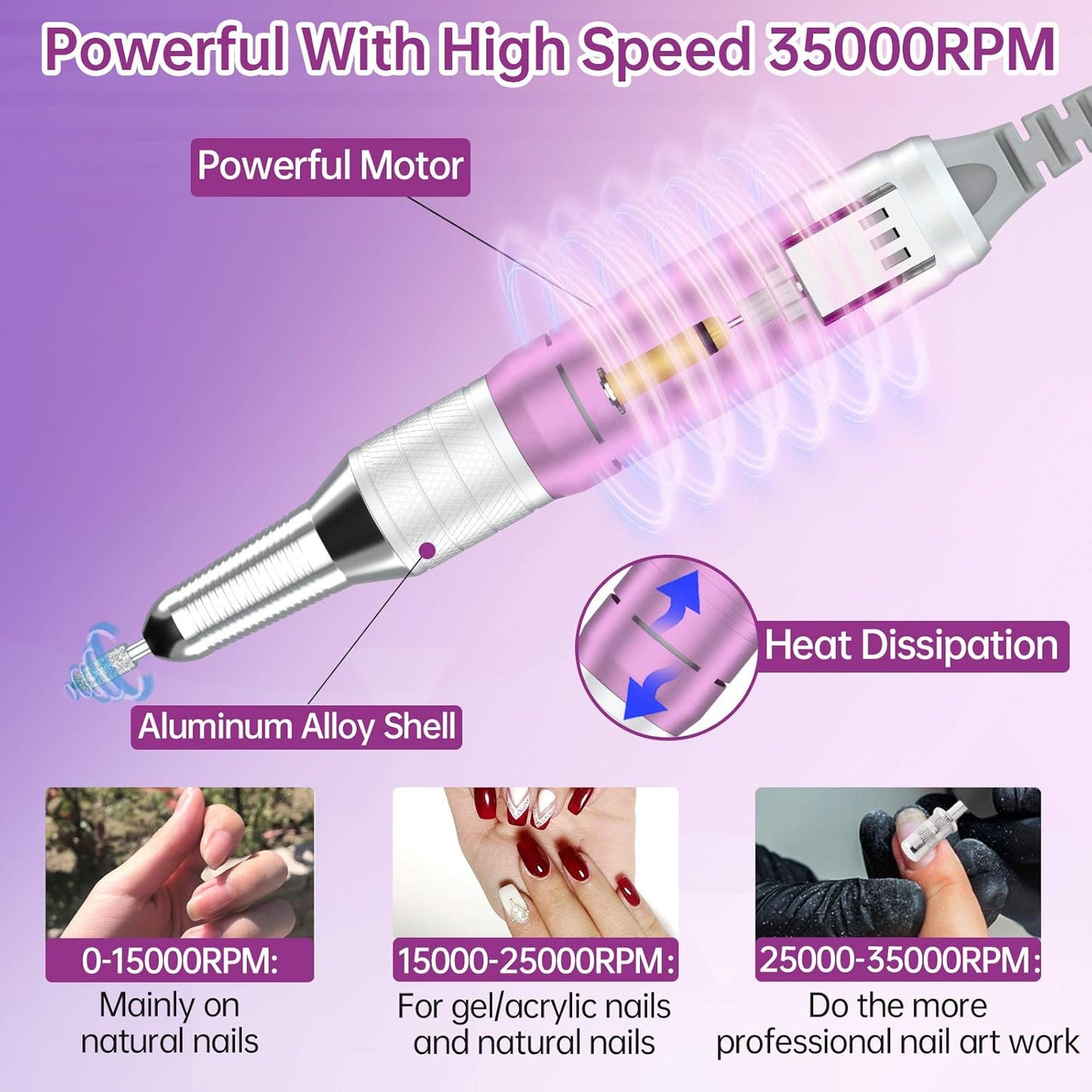 Delanie Professional Portable Electric Nail Drill Machine, 35000 RPM Rechargeable Cordless Nail Filer Electric Nail File for Dip Powder Acrylic Gel Nail, Salon Nail Tool, Violet
