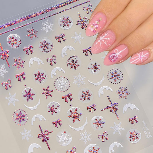 JMEOWIO 3D Embossed Christmas Glitter Snowflake Nail Art Stickers Decals Self-Adhesive 5D Nail Supplies Nail Art Design Decoration Accessories 1 Sheets