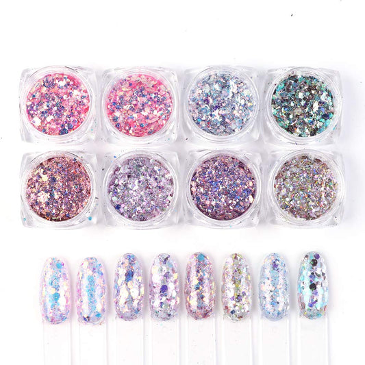 Holographic Nail Art Sequins Glitter Kits 8 Boxes 3D Nails Glitter Metallic Shining Flakes Acrylic Powder Dust Sequins for Nails Decoration Holographic Manicure Tips (Pink)