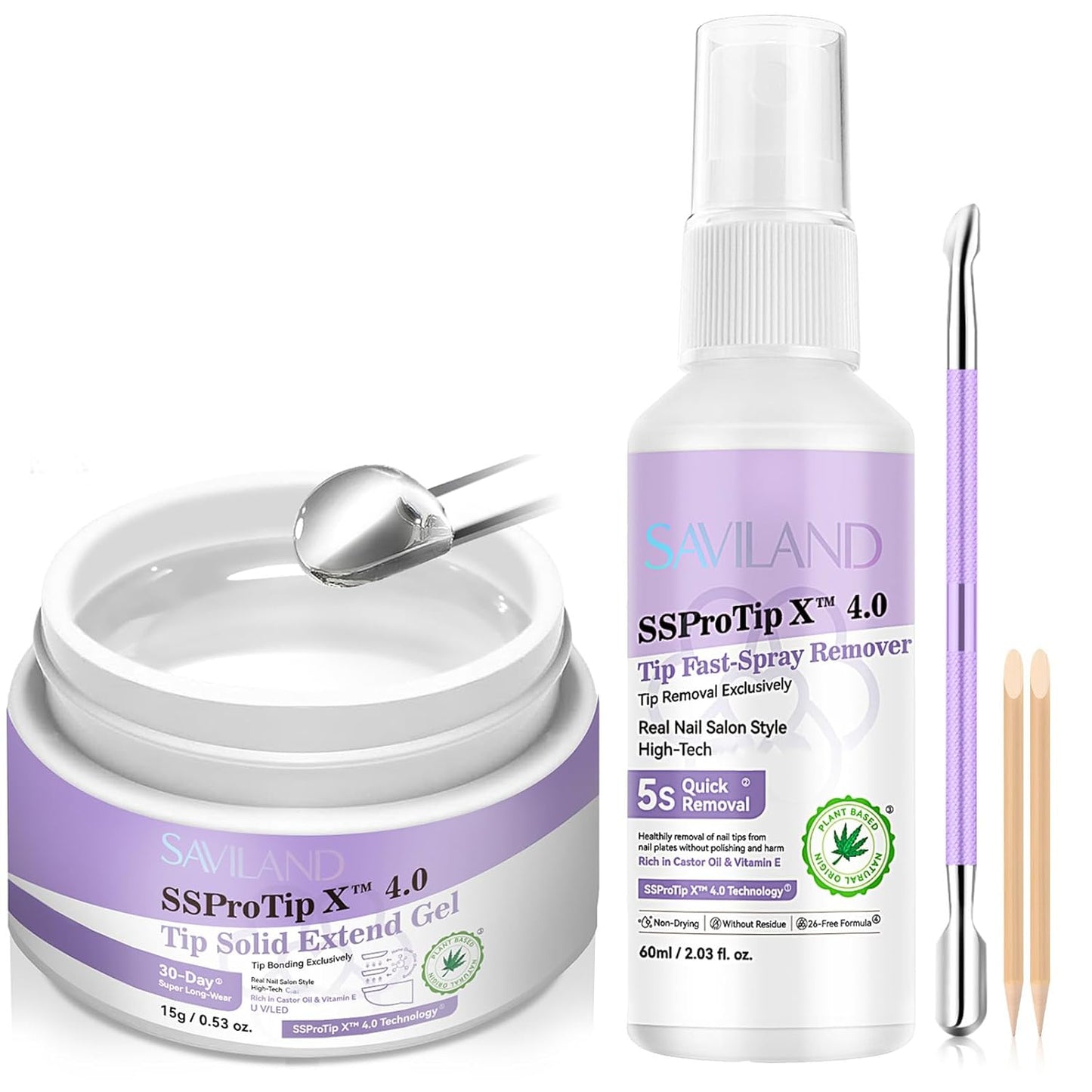 SAVILAND Nail Glue Gel & Nail Glue Remover: Quick Press on Nail Remover 30 g U V Nail Glue Solid Hard Gel for Nails with Cuticle Pusher and Manicure Tools Long Lasting Castor Oil VE Supplies Tech