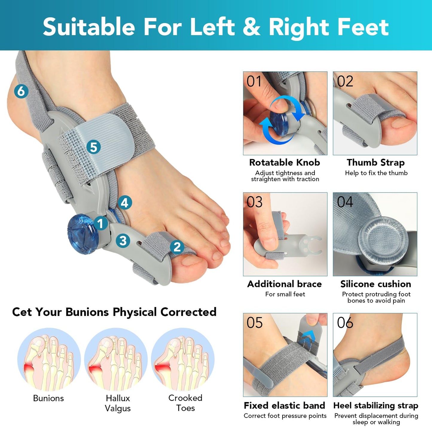 Bunion Corrector for Women Big Toe, Upgraded Adjustable Fix Bunion Relief, Men Big Toe Separator with Soft Gel Pad for Left/Right Feet Fit for All Foot Sizes (Gray 1Pcs)