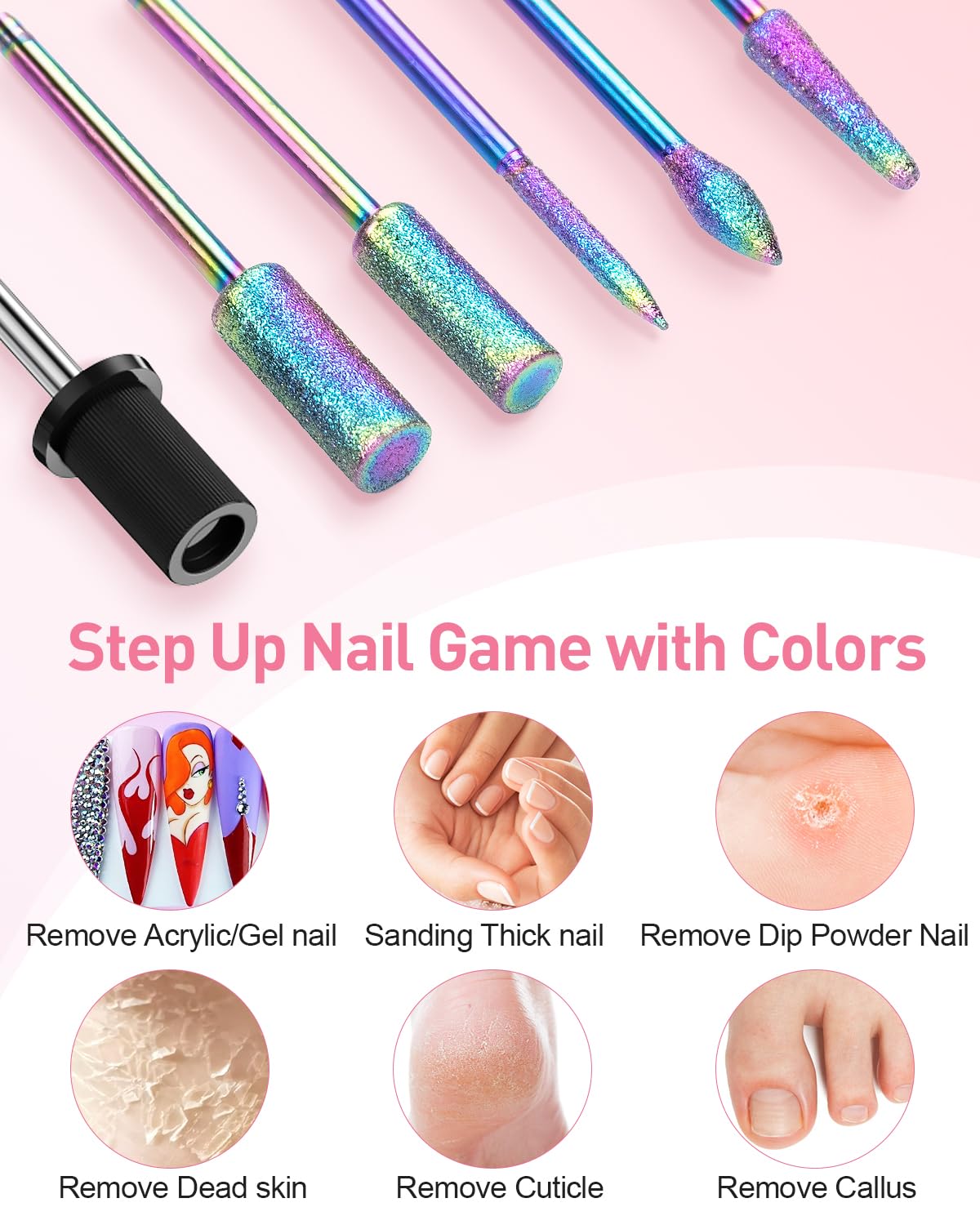 Subay Electric Nail Drill, Portable Electric Nail File for Acrylic Gel Nails, Manicure Pedicure Tool with 6 Bits and 26 Sanding Bands for Home and Salon Use - Pink