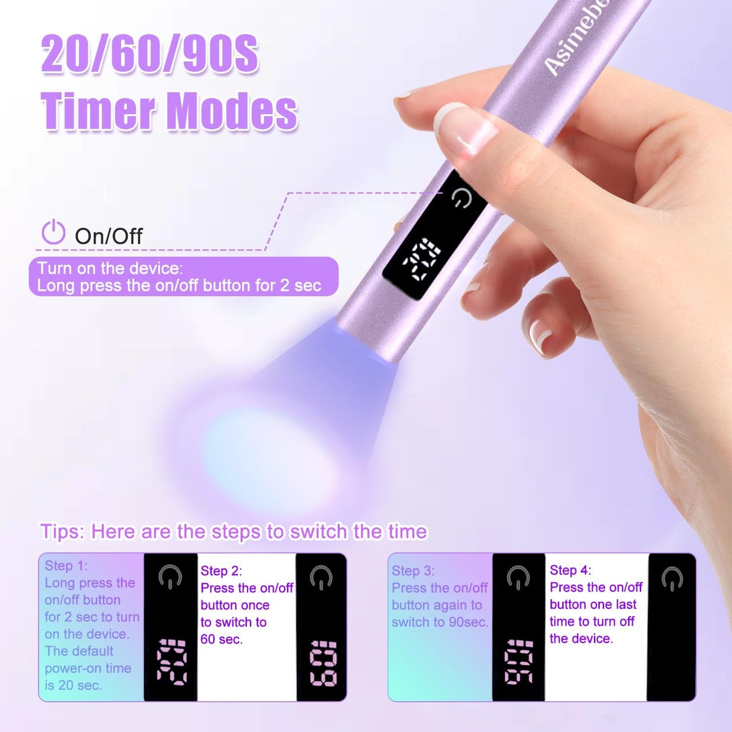 UV Light for Gel Nails, Mini UV Nail Lamp Hand held with Stand, Portable Small Nail Dryer Light for Gel Polish with 3 Timers, Rechargeable Cordless UV Light Nail for Fast Curing, Violet