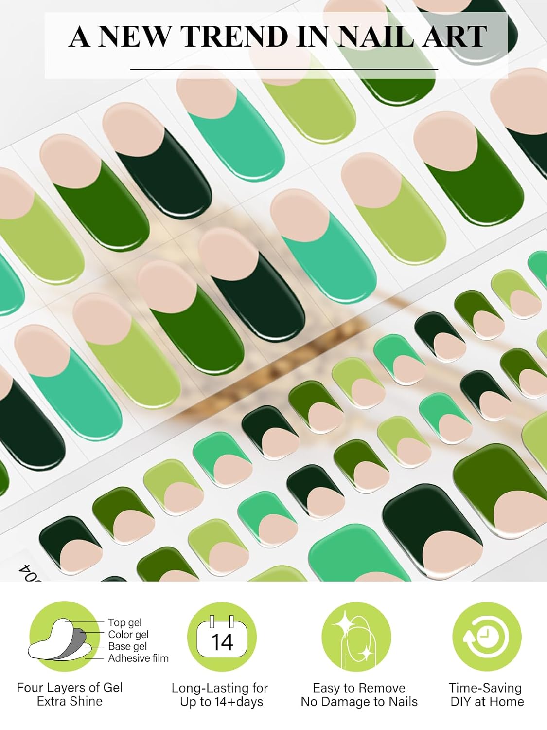 EBANKU 52Pcs Semi-Cured Gel Nail Strips Toes, Green Deep French Gel Nail Strips for Toes, Long-Lasting French Manicure Stickers Salon Nails at Home Requires UV Light with Nail File&Stick