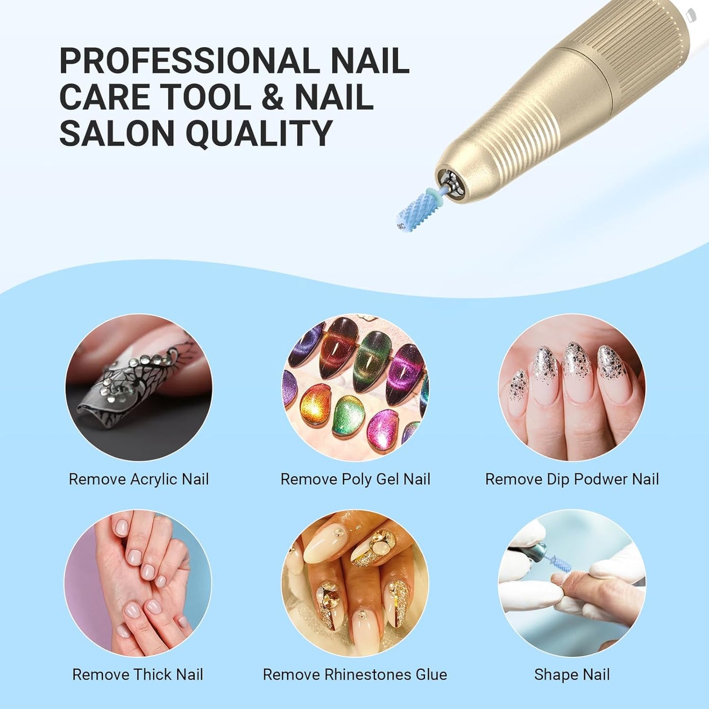 MelodySusie Safety Nail Drill Bits, 3/32'' Smooth Round Top Large Barrel Carbide Bits, Suitable for Manicure Pedicure Cuticle Gel Polishing, Beginners Bits, Light Blue, Series Bit-S, 4XC