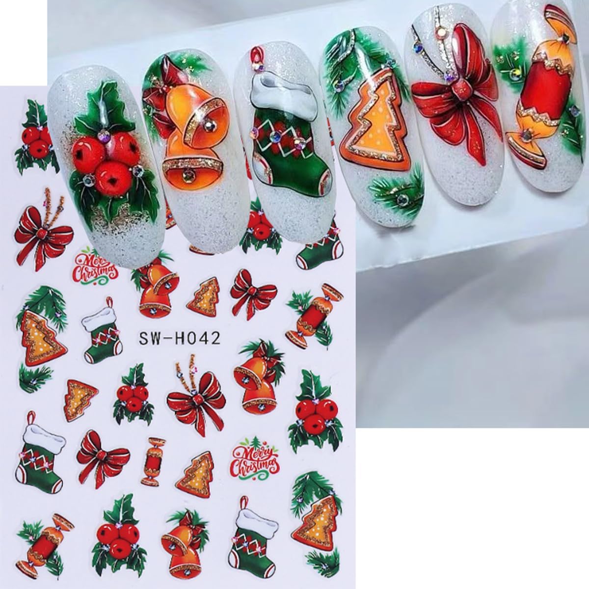 6 Sheets Christmas Nail Art Stickers 2026 New Year Fireworks Clock Xmas Nail Stickers 3D Self-Adhesive Glitter Light Strip Holly Flower Leaf Designs Winter Nail Decals for Women DIY Manicure Supplies