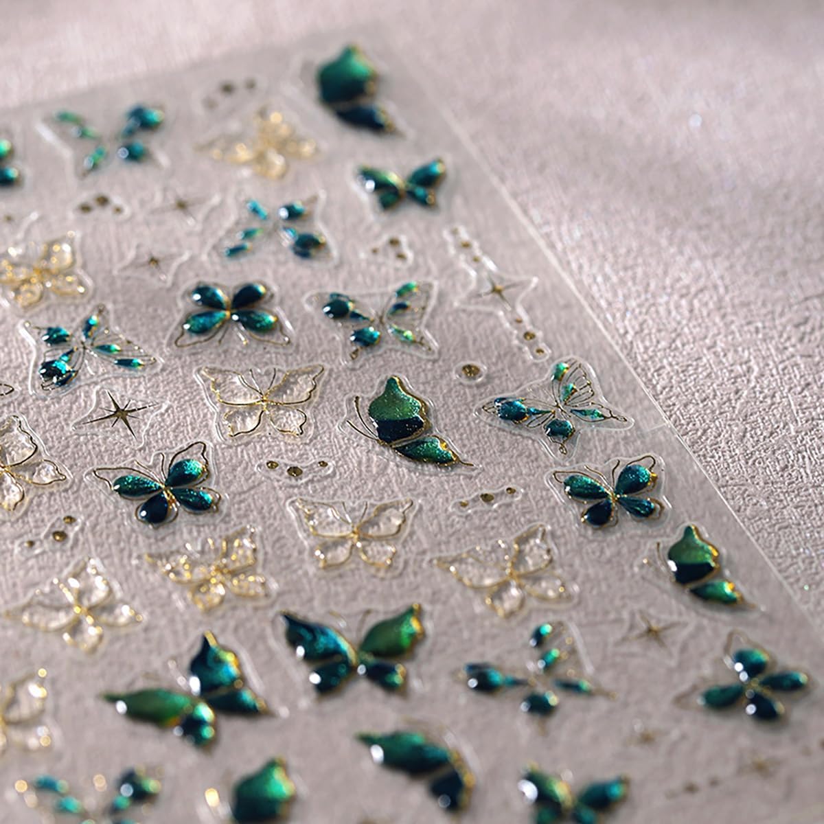 Butterfly Nail Stickers for Acrylic,5D Embossed Nail Art Stickers Self Adhesive Green Butterfly Nails Decals Gold Edge Butterflies Nails Supplies Crystal Jelly Designs for Women Spring Manicure