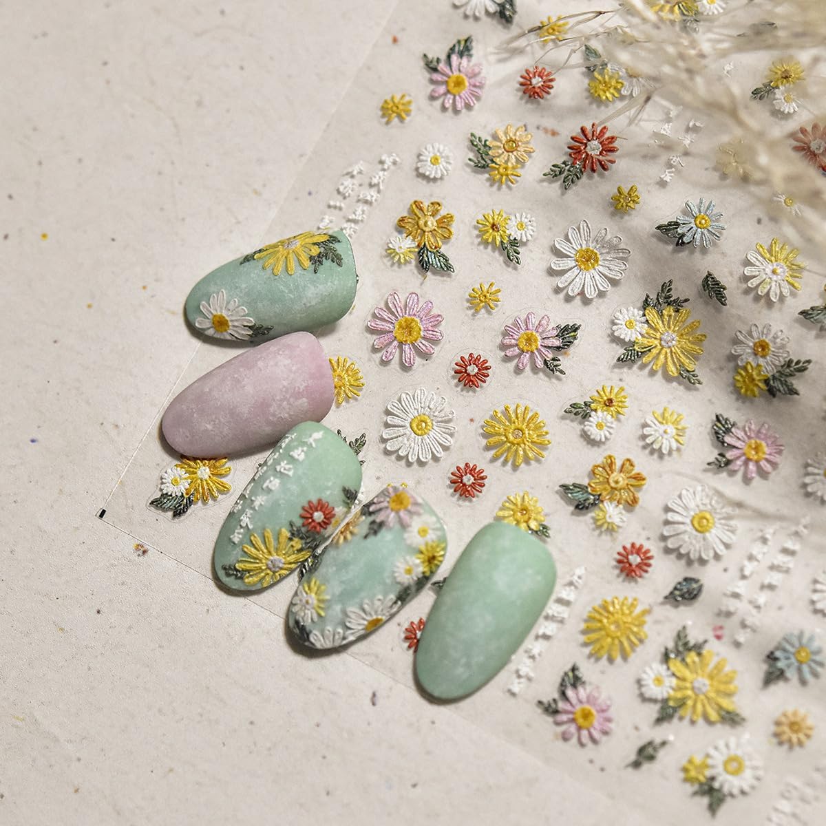 Colorful Daisy Nail Art Stickers 5D Embossed Daisy Nail Stickers Self Adhesive Cute Flower Nails Decals White Floral Design Sticker Spring Summer Nails Supplies for Women DIY Manicure