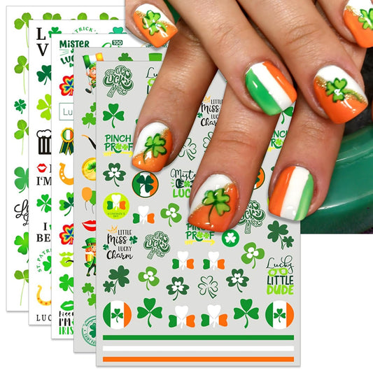 St. Patrick's Day Nail Art Stickers, Irish Shamrock Leprechaun Hat 3D Self-Adhesive Nail Decals Lucky Clover Design (5 Sheets)