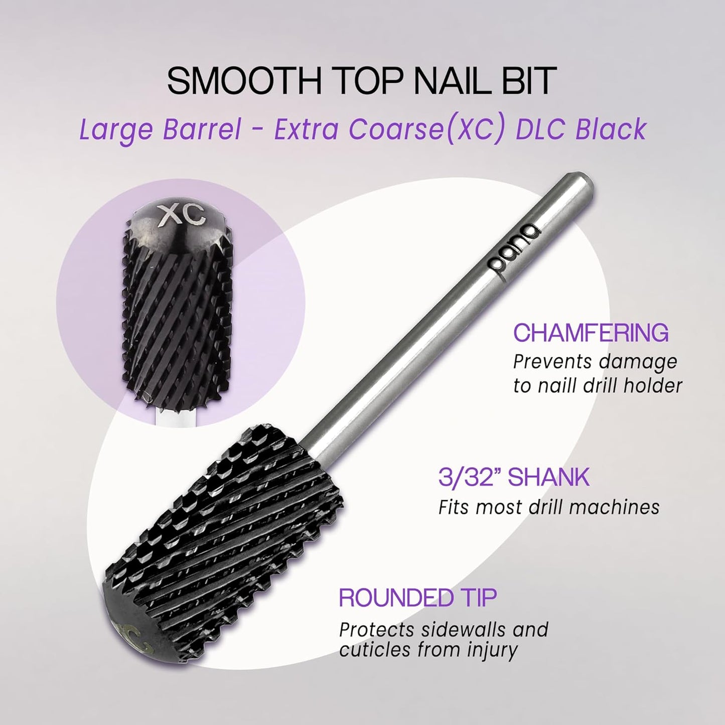 PANA 3/32" Smooth Round Top Safety Carbide Nail Drill Bit for Gel Polish & Acrylic Removal Nail Salon Manicure Pedicure Electric File Tools (Large Barrel - DLC Black, Extra Coarse)
