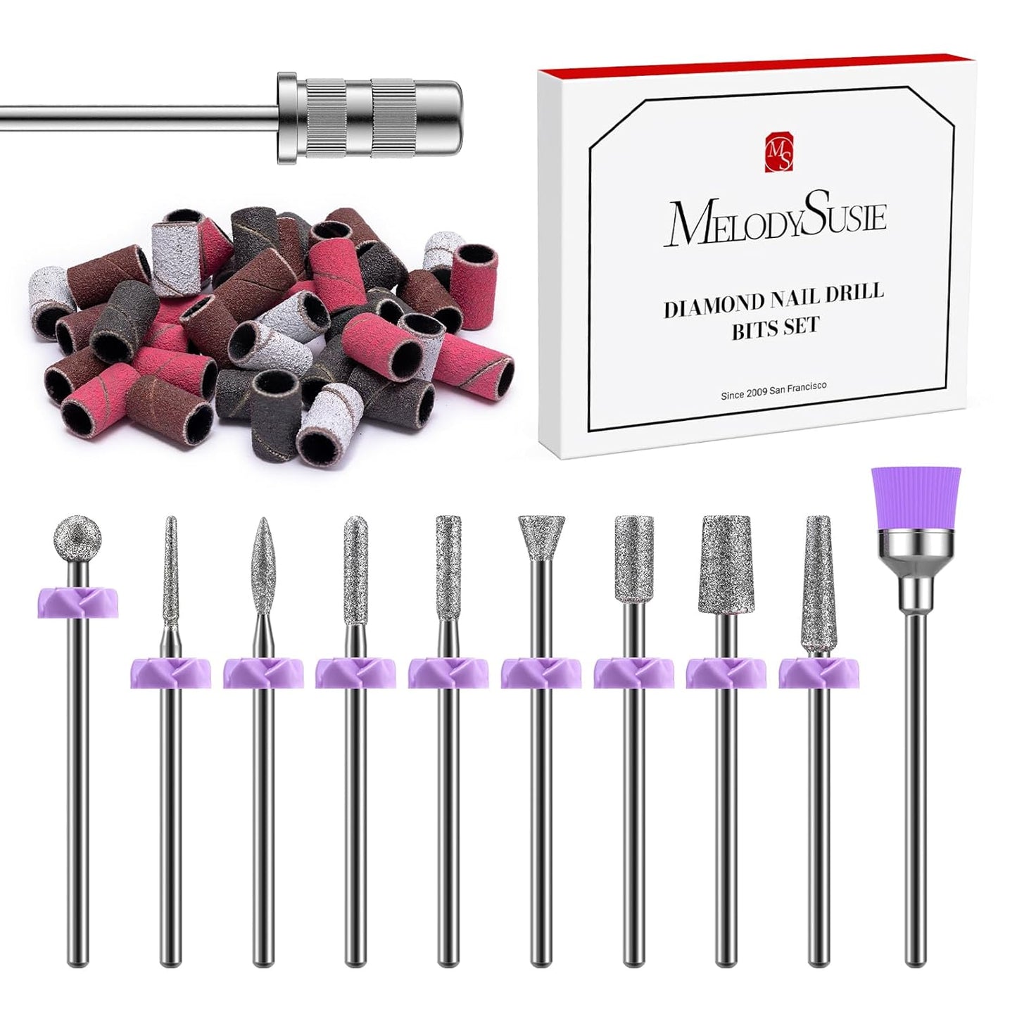 MelodySusie Nail Drill Bits, 10Pcs Diamond Sanding Bit Set with 40pcs Sanding Bands (#120#180#240 Grits) with 6.65mm Mandrel Bit, Nail Gel Polish Remover Tool for Acrylic Nails Manicure Nail Prep