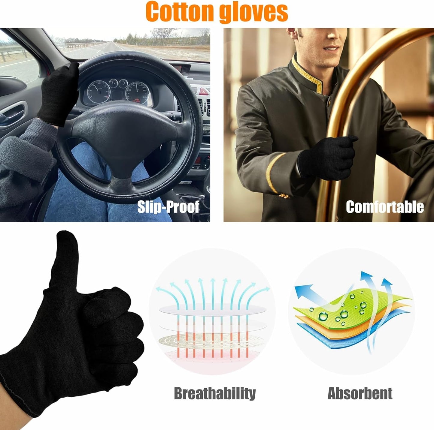 3 Pairs(6Pcs) Cotton Gloves for Eczema and Dry Hands, Moisturizing Gloves, Work Gloves for Men, Women, SPA, Jewelry Inspection (Black, 3 Pairs)