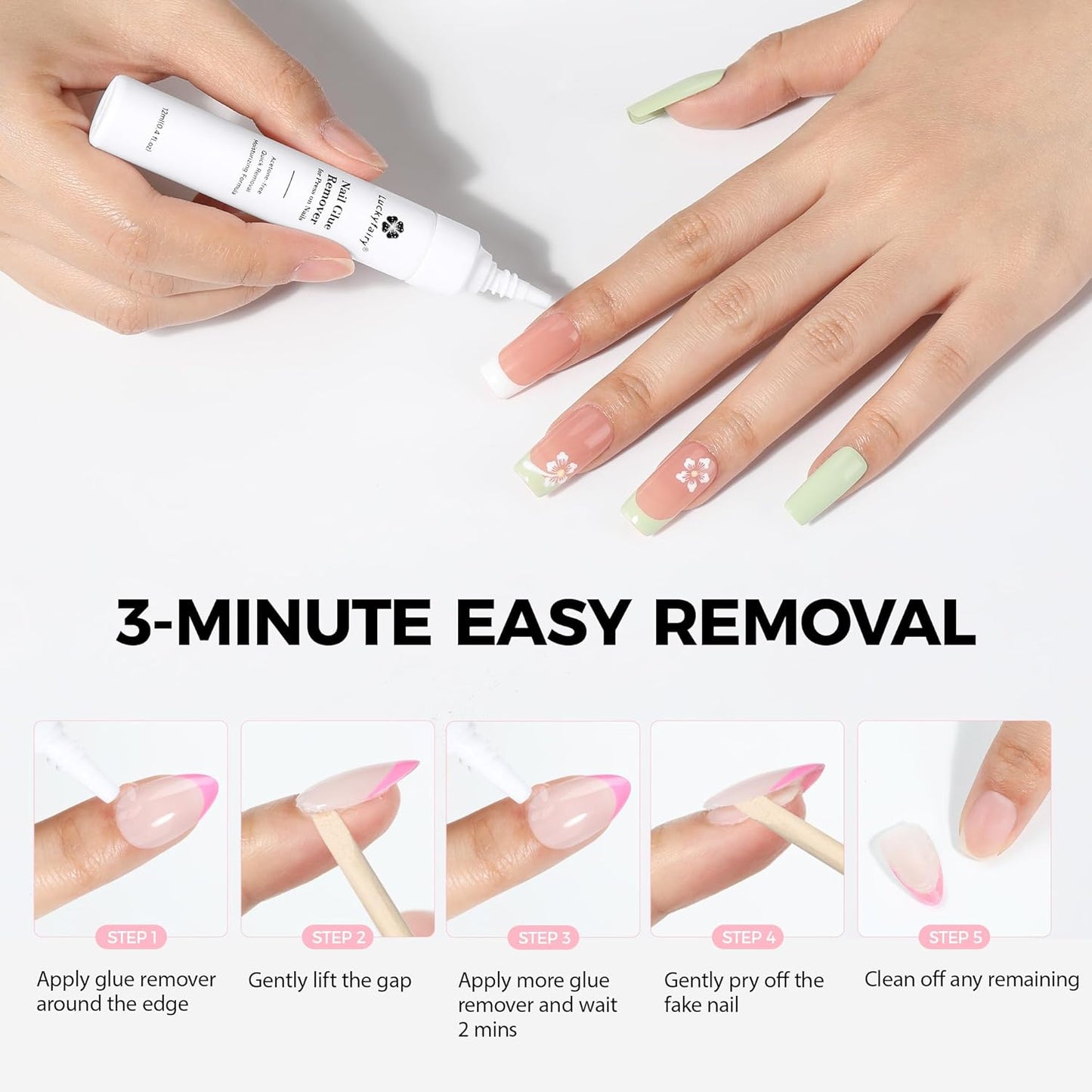 Super Strong Nail Glue for Press On Nails: 10g Semi Nail Glue with 12ml Glue Remover Kit, Quick Dry, No UV Lamp Needed with Gentle Non-Acetone Remover, Long Lasting for Acrylic Fake Nails Tips