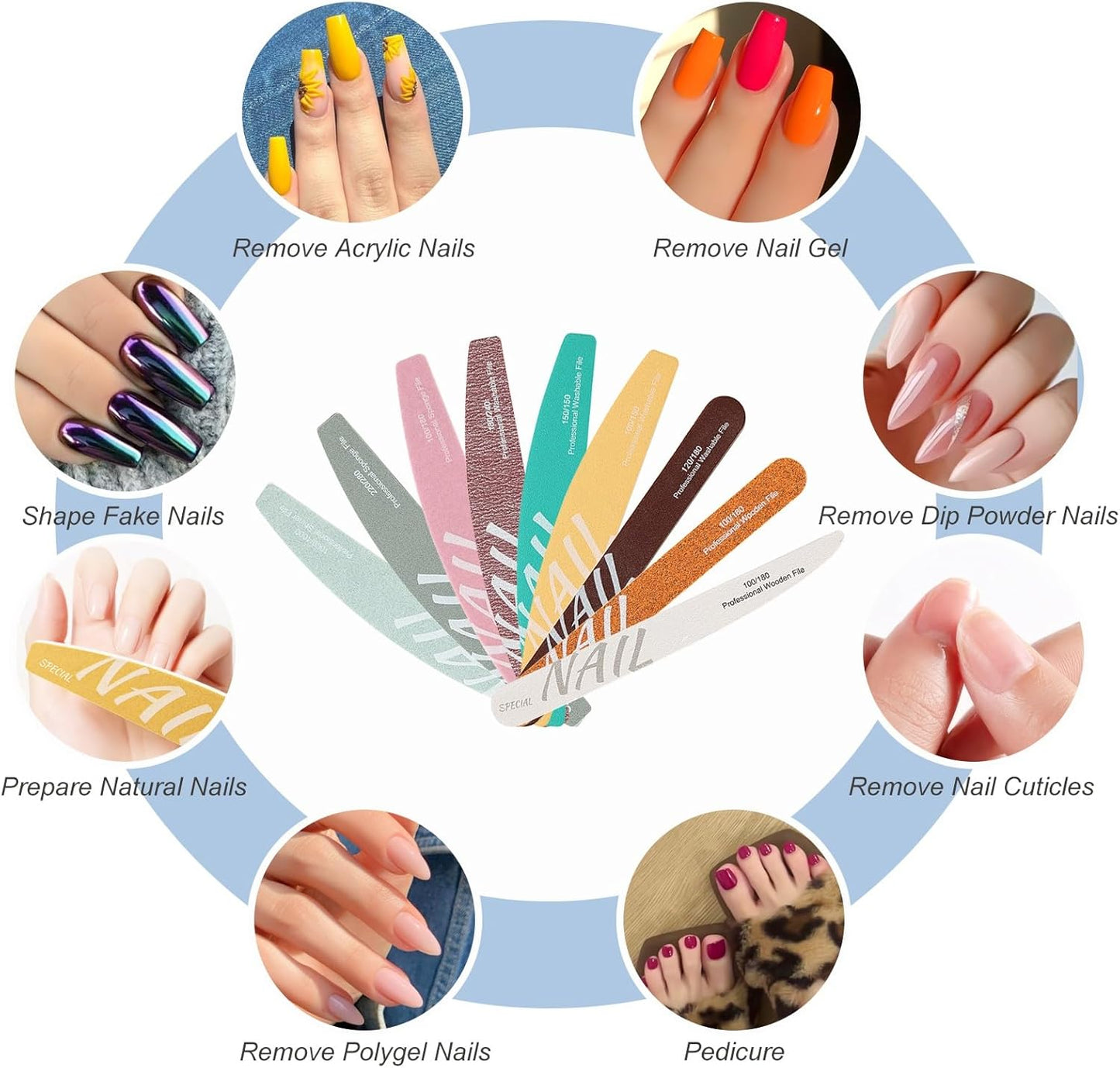 9Pcs Nail Files Buffer Set Double Sided Professional Emery Boards for Natural Acrylic Nails 100/120/150/180/220/240/280/1000/4000 Grit Washable Soft Nail Filer Manicure Tools Home Salon Use