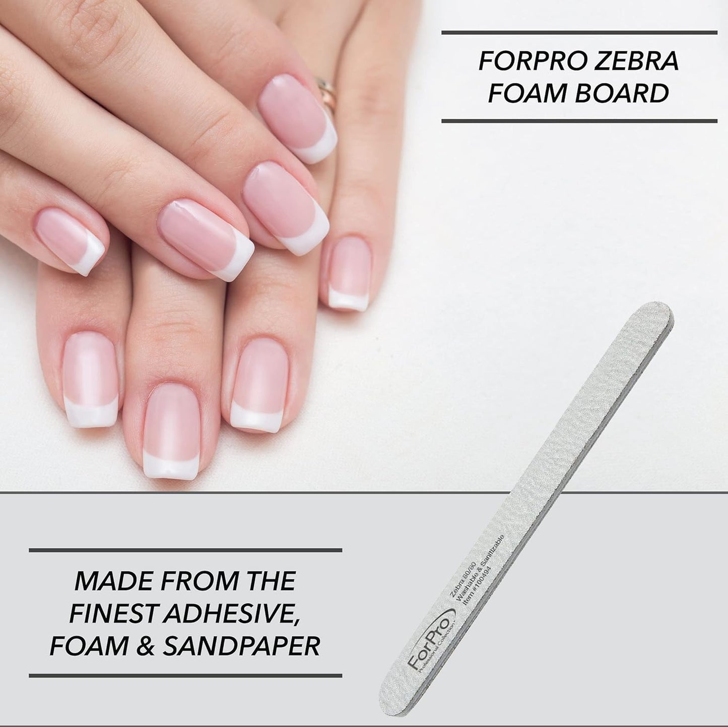 ForPro Professional Collection ForPro Zebra Foam Board, 80/80 Grit, Double-Sided Manicure Nail File, 7 inches L x .75 inches W, Black, 50 Count
