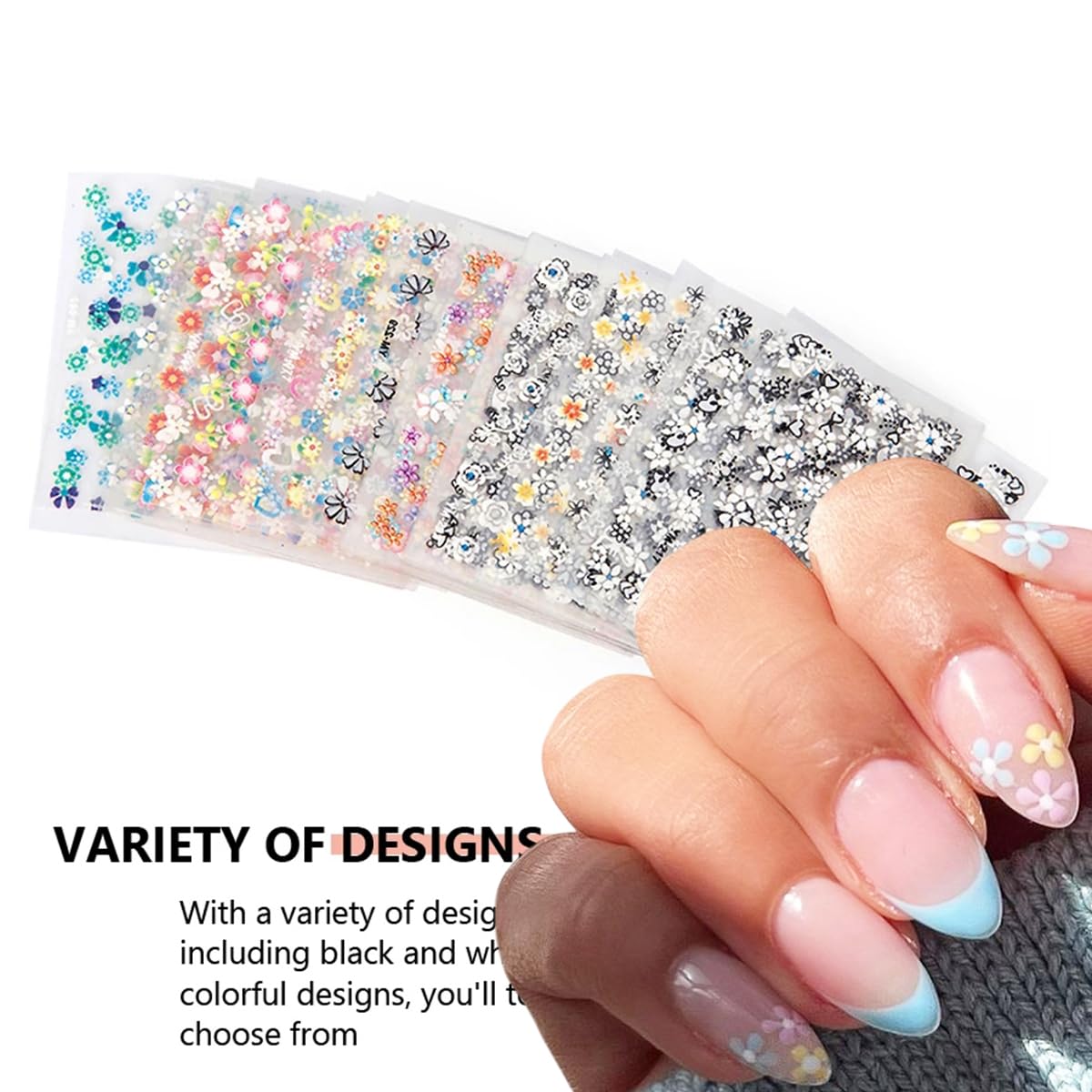 30 Sheets Flowers Nail Art Stickers Cute Daisy Floral Design Decals 3D Self-Adhesive White Black Colorful Flower Nail Stickers Decoration‌ for Women Girls Acrylic Nail Supplies Accessories