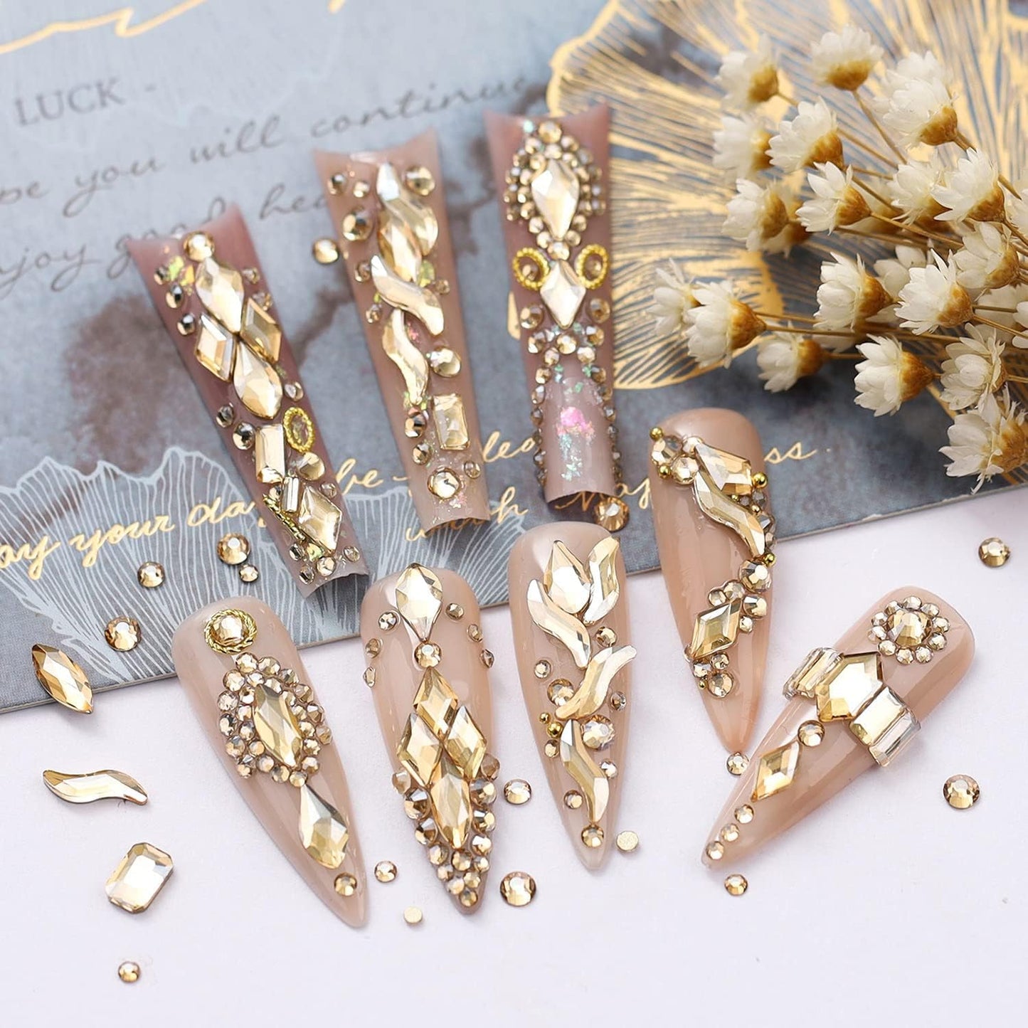 4010pcs Champagne Gold Nail Art Rhinestones Kit Makeup Flatback Rhinestones Golden Nail Charms 6 Sizes (1.6-6.1mm) Up to SS30 Round Crystal Nail Gems Stones w Picking Pen for Nail DIY Eyes Face Makeup