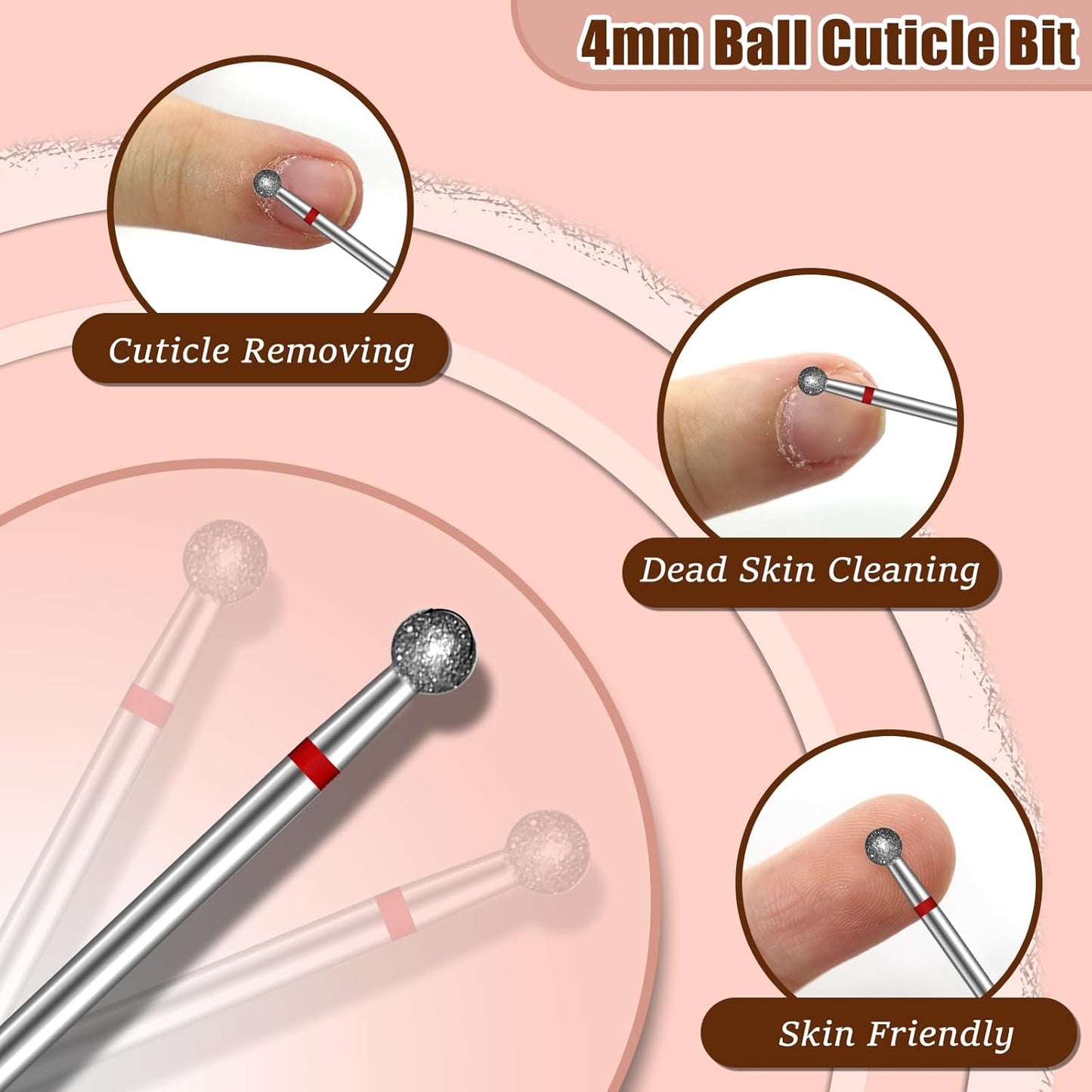 BLESWIN Nail Drill Bit 3/32'', 4MM Ball Shape Nail Bit for Cuticle Dead Skin Nail Prepare, Safety Carbide Diamond Nail Bit, Two Way Rotate, Nail Art Pedicure Manicure Salon & Home, Fine