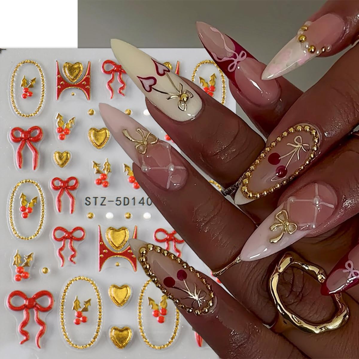 Christmas Nail Art Stickers Decals 5D Embossed Bow Nail Stickers 2PCS Red Gold Bow Heart Gold Circle Cherry Xmas Nails Design Self-Adhesive Nail Decals Manicure Supply for Women DIY Nail Art