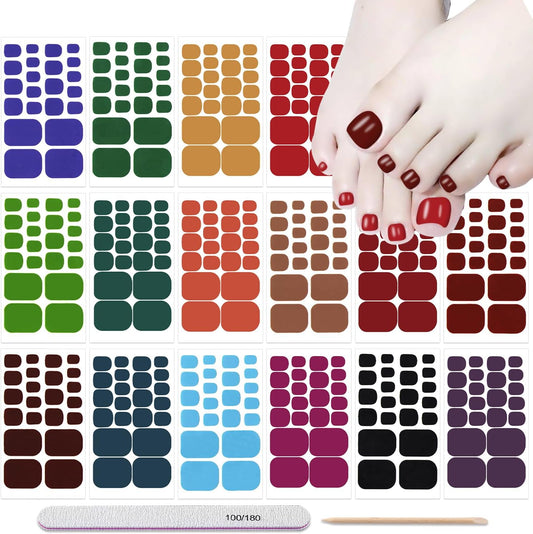 DANNEASY 16 Sheets Toe Nail Stickers Full Nail Wraps for Women Solid Color Toenail Polish Strips Self Adhesive Toes Nail Polish Stickers Gel Strips Nails Manicure Sticker with File, Cuticle Stick